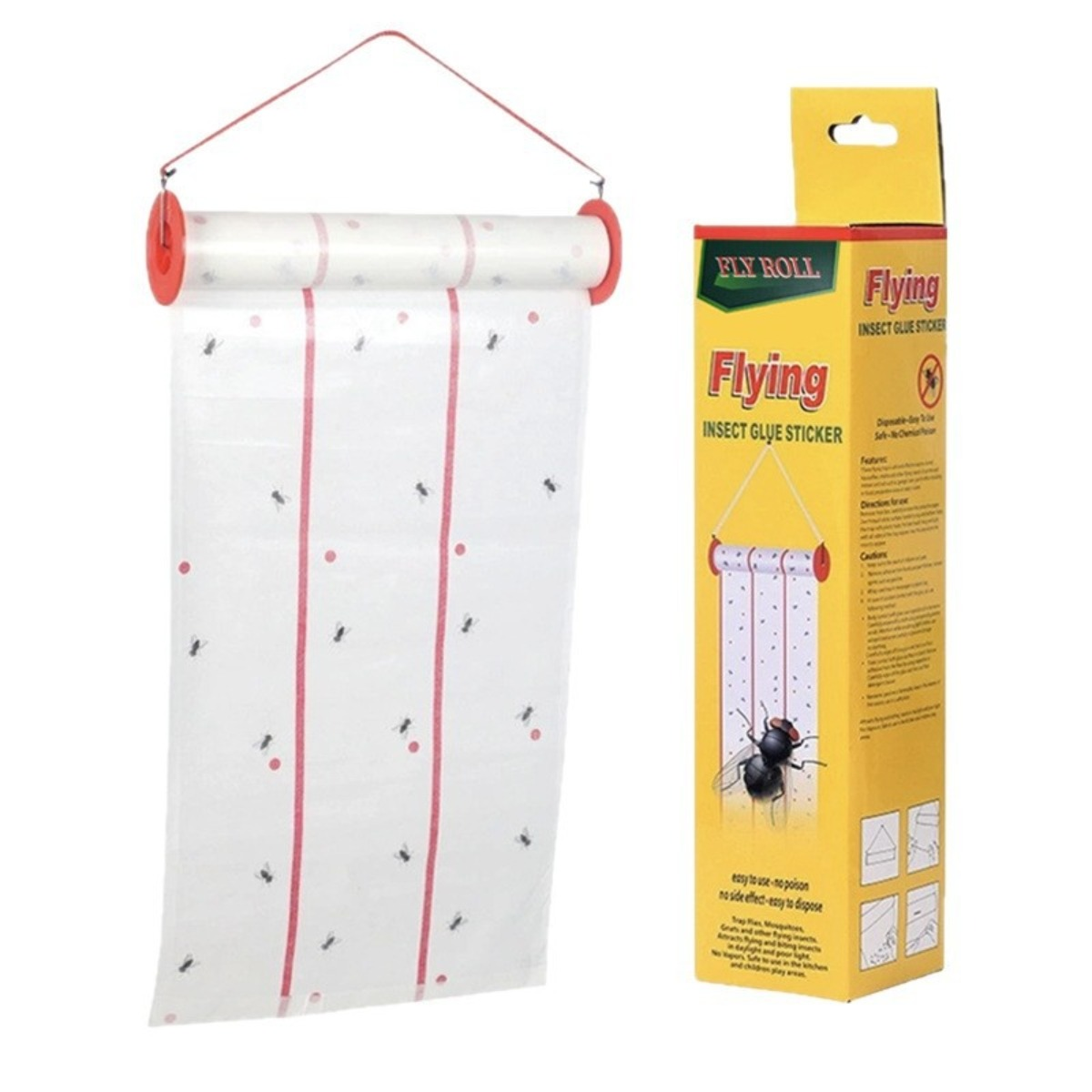 Rotolo raccogli mosche appeso e la sua confezione, etichettati 'Fly Roll' e 'Flying Insect Glue Sticker'.
