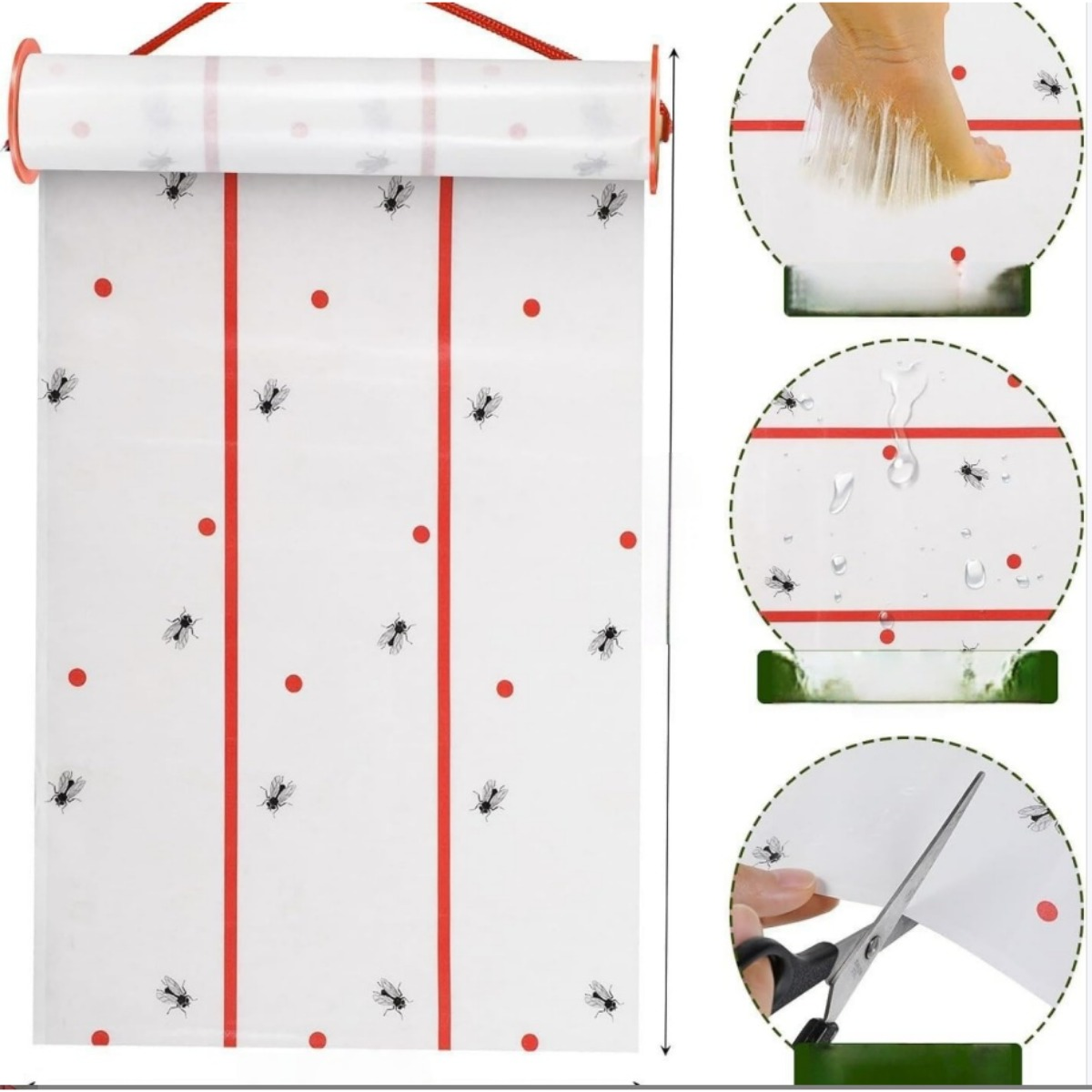 Rotolo con motivo mosca, strisce rosse e pois. Viste dettagliate mostrano piede, acqua e forbici.