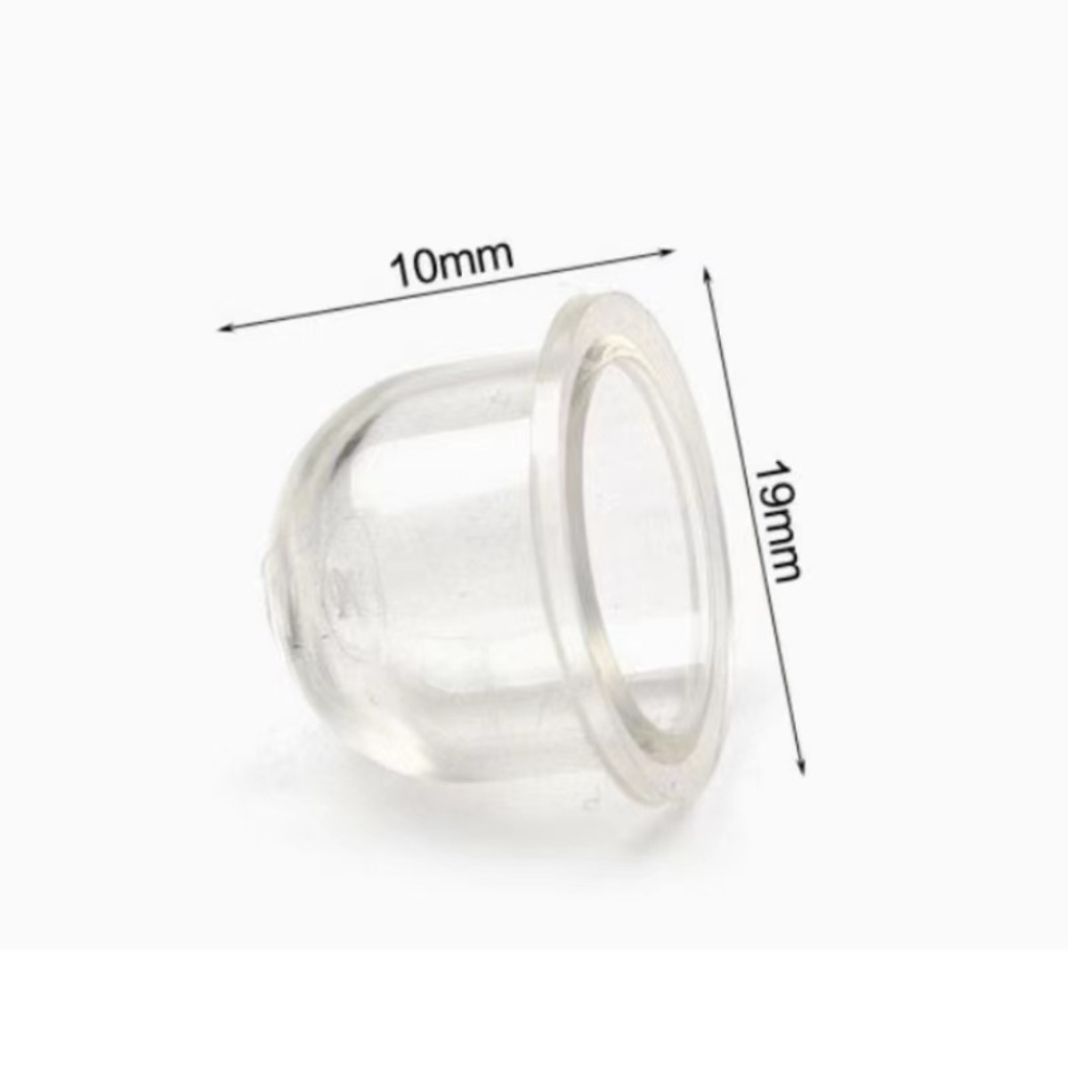 Tappo trasparente, 10mm x 19mm, su sfondo bianco.