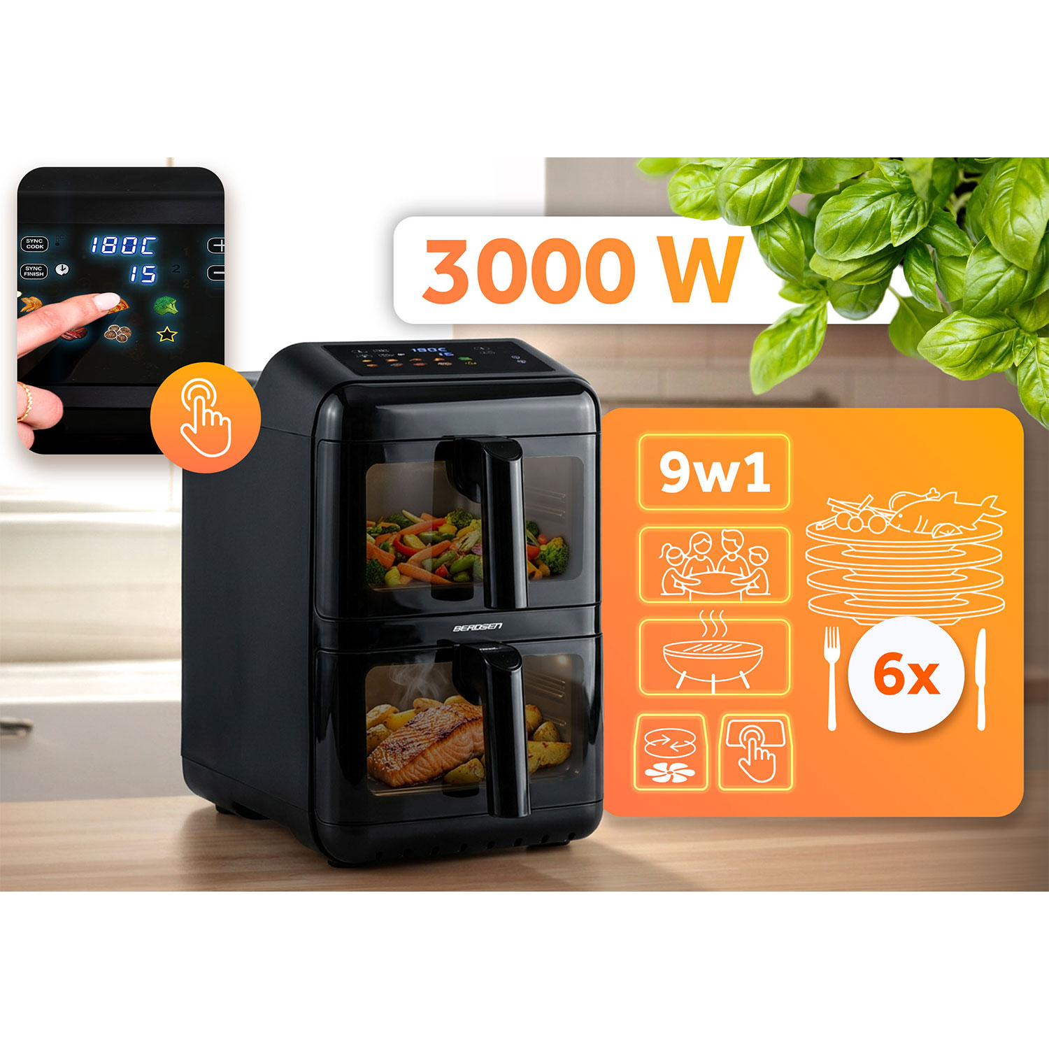Czarna frytkownica beztłuszczowa dwukomorowa, 3000W, 9-w-1, z rybą i warzywami.