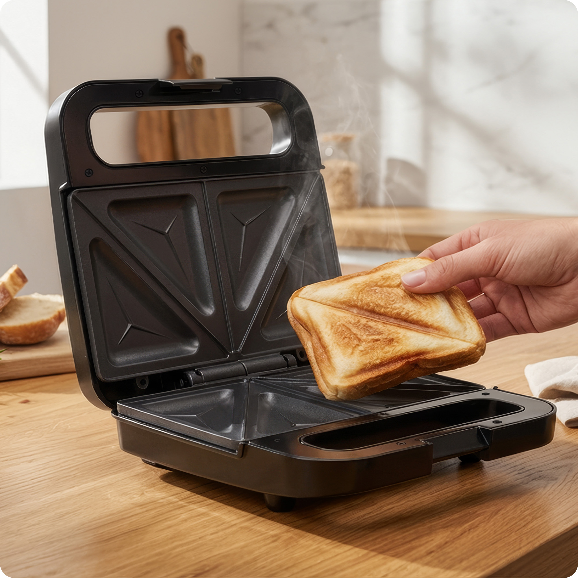 Ręka wyjmuje tostowany tost z otwartej czarnej opiekacza do kanapek.
