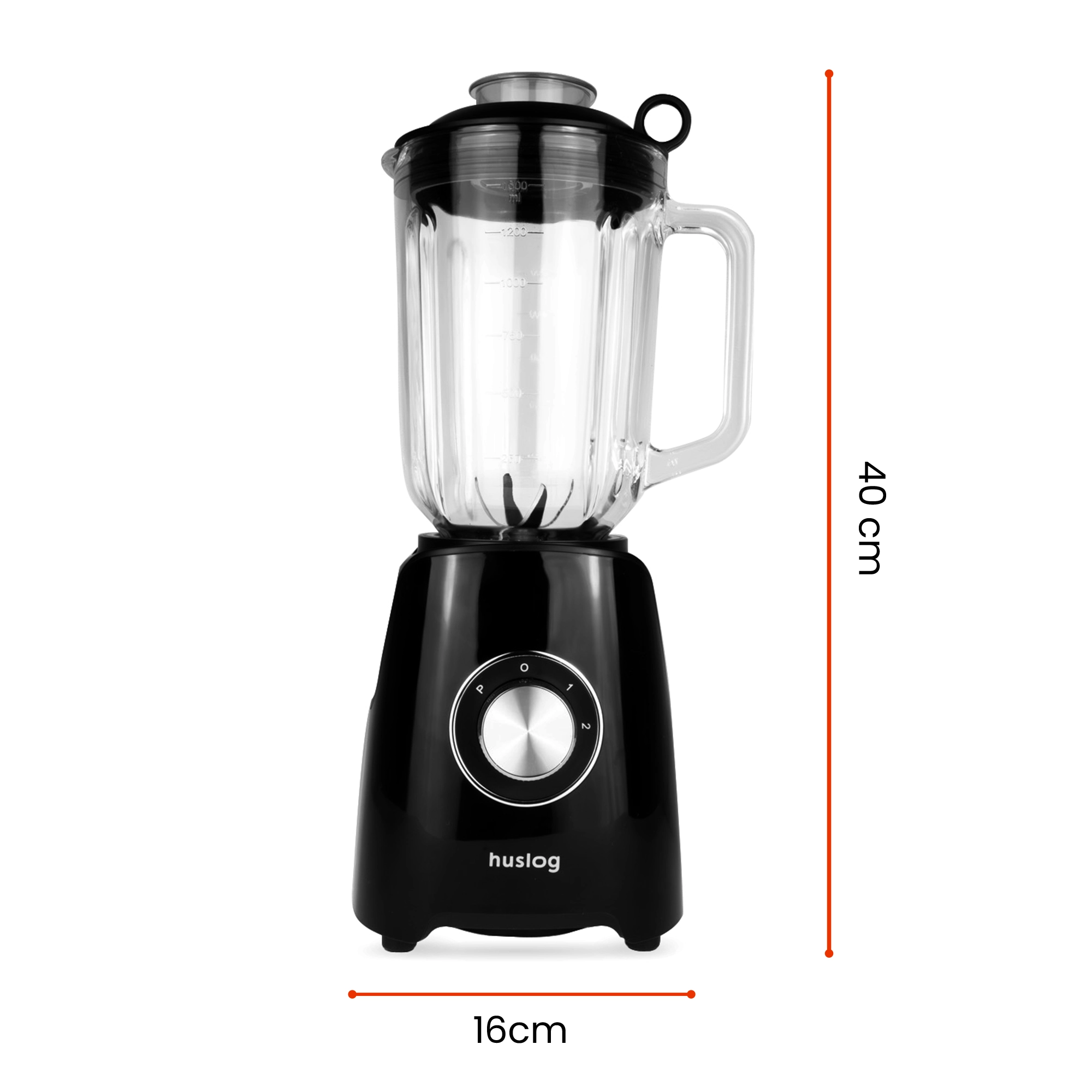 Czarny blender Huslog ze szklanym dzbankiem i srebrnym pokrętłem. Wymiary pokazane.
