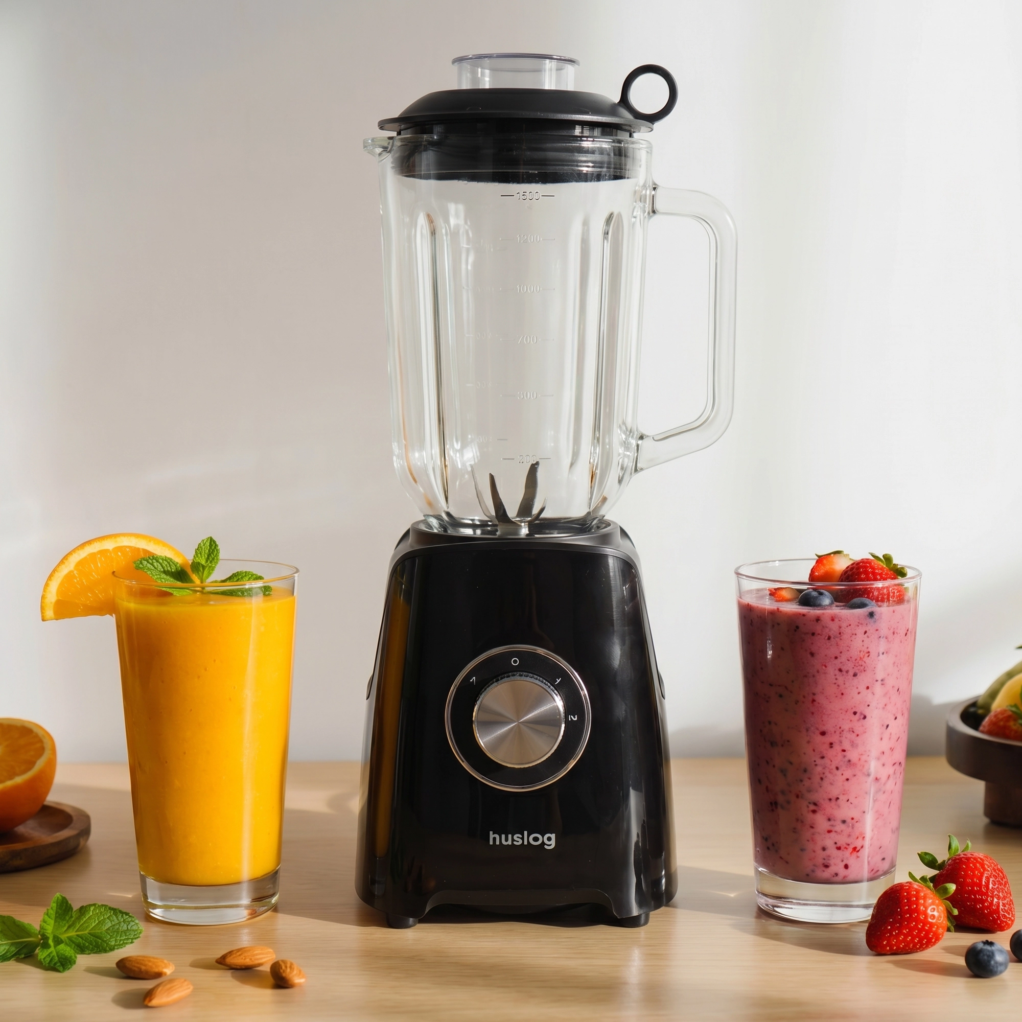 Czarny blender ze szklanym dzbankiem stoi obok dwóch szklanek smoothie, ozdobionych owocami.