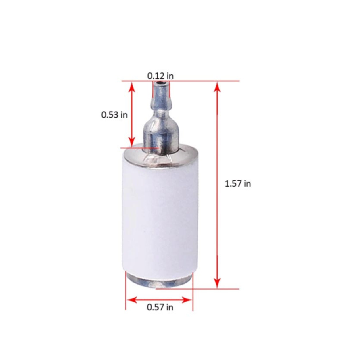 Un filtro carburante bianco con raccordi metallici argentati, dimensioni indicate.