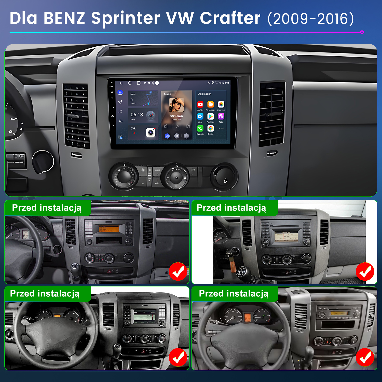 Deska rozdzielcza Mercedesa Sprintera/VW Crafter z radiem dotykowym.