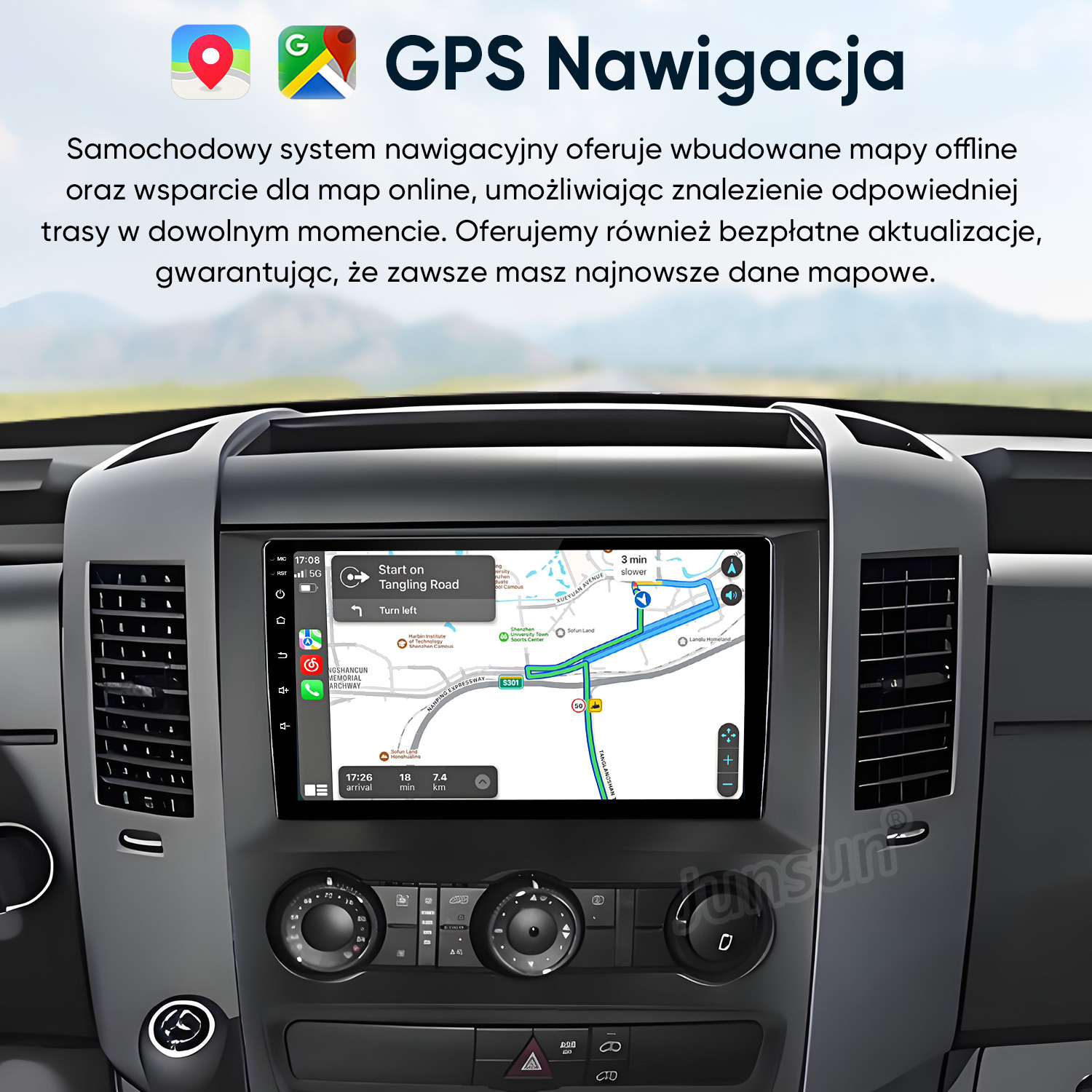 Samochodowy system nawigacji z mapami offline i online. Wyświetla trasę na ekranie.