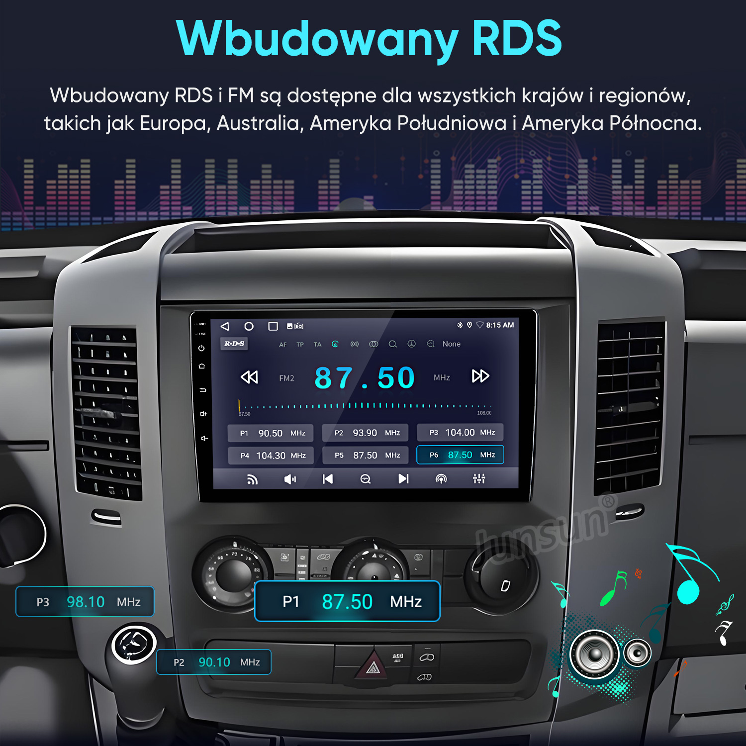Wyświetlacz radia samochodowego pokazuje stacje FM z częstotliwościami, w tym 87.50 MHz.