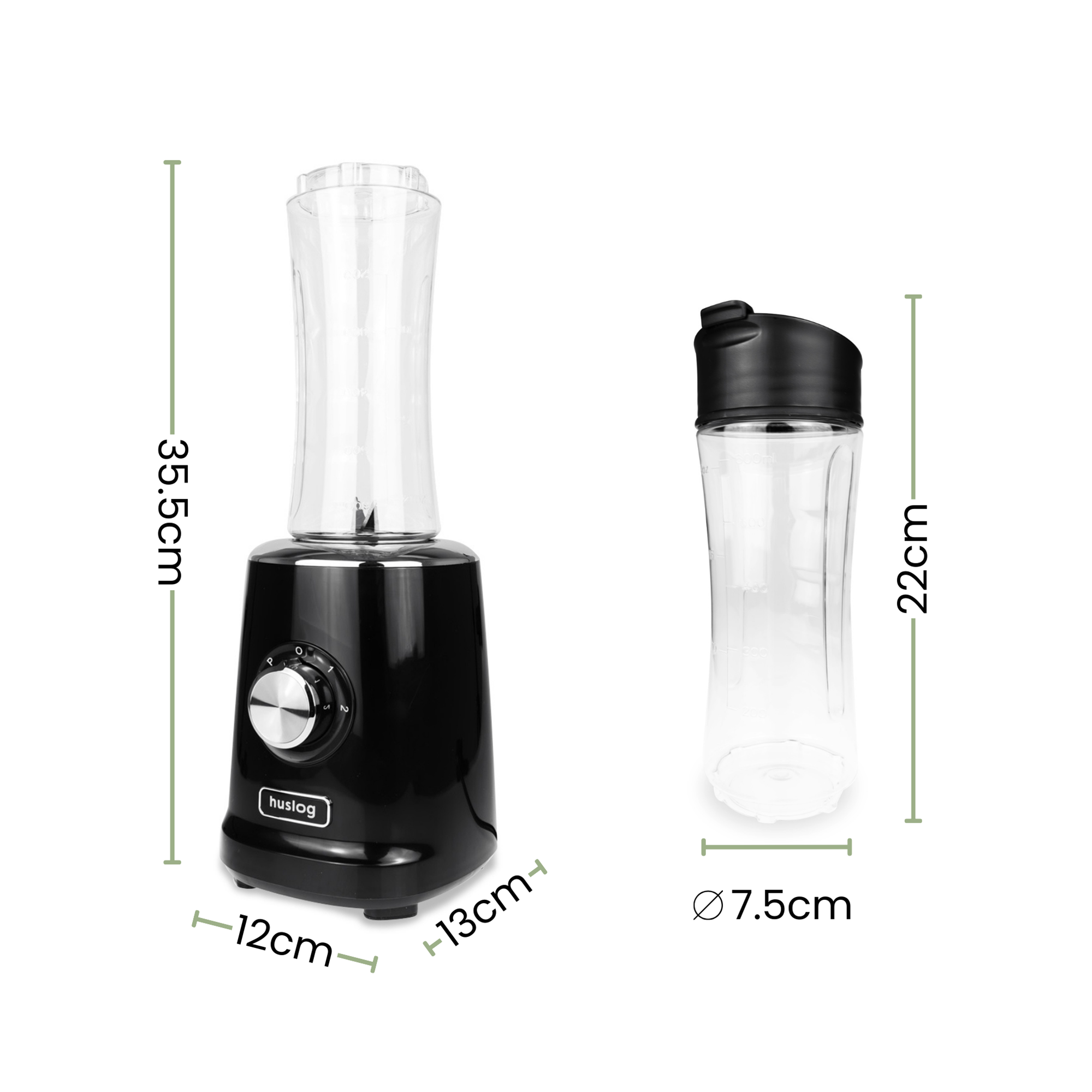 Czarny blender o wysokości 35,5 cm i przezroczysty kubek o wysokości 22 cm.