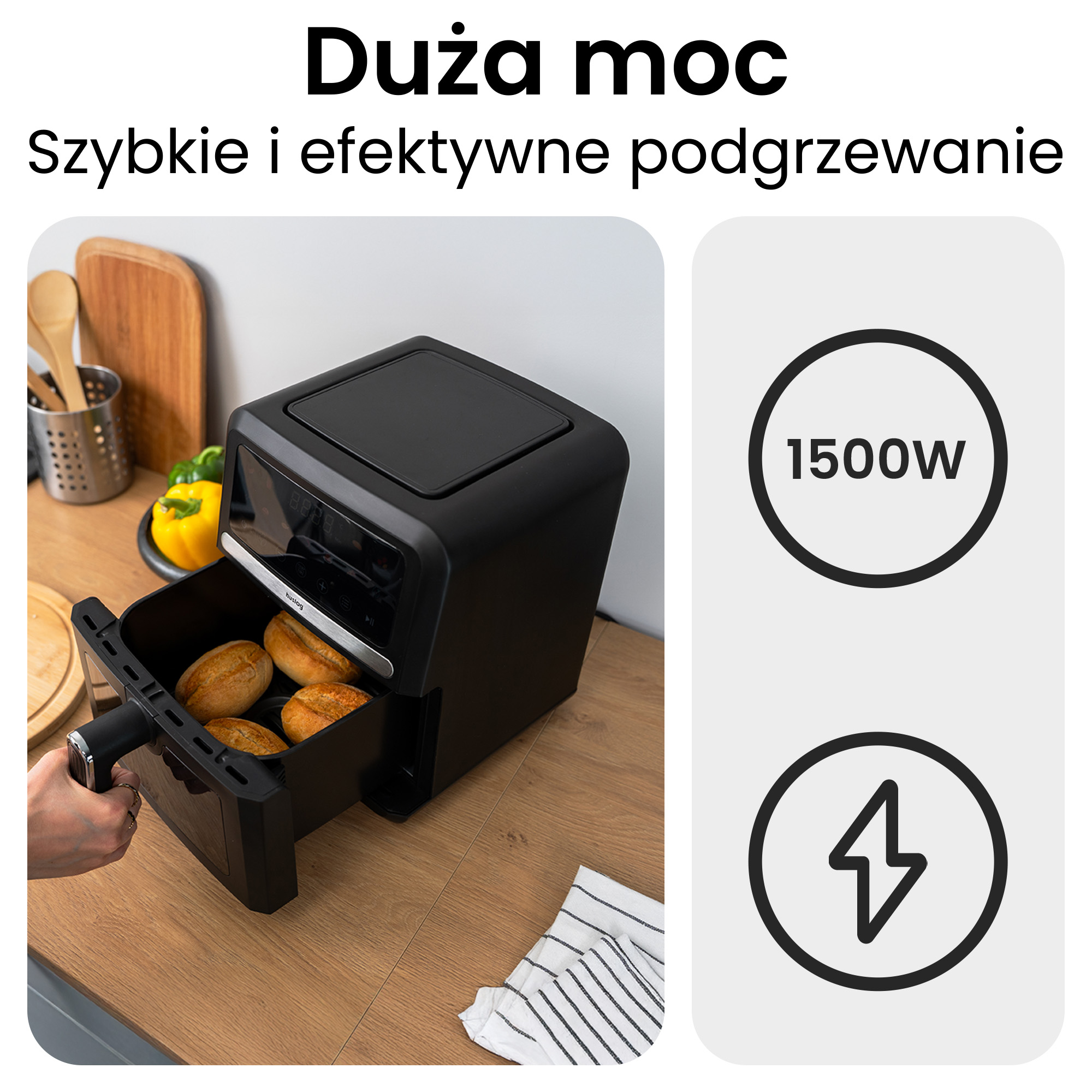 Czarna frytkownica beztłuszczowa z chlebem, moc 1500W i ikoną błyskawicy.