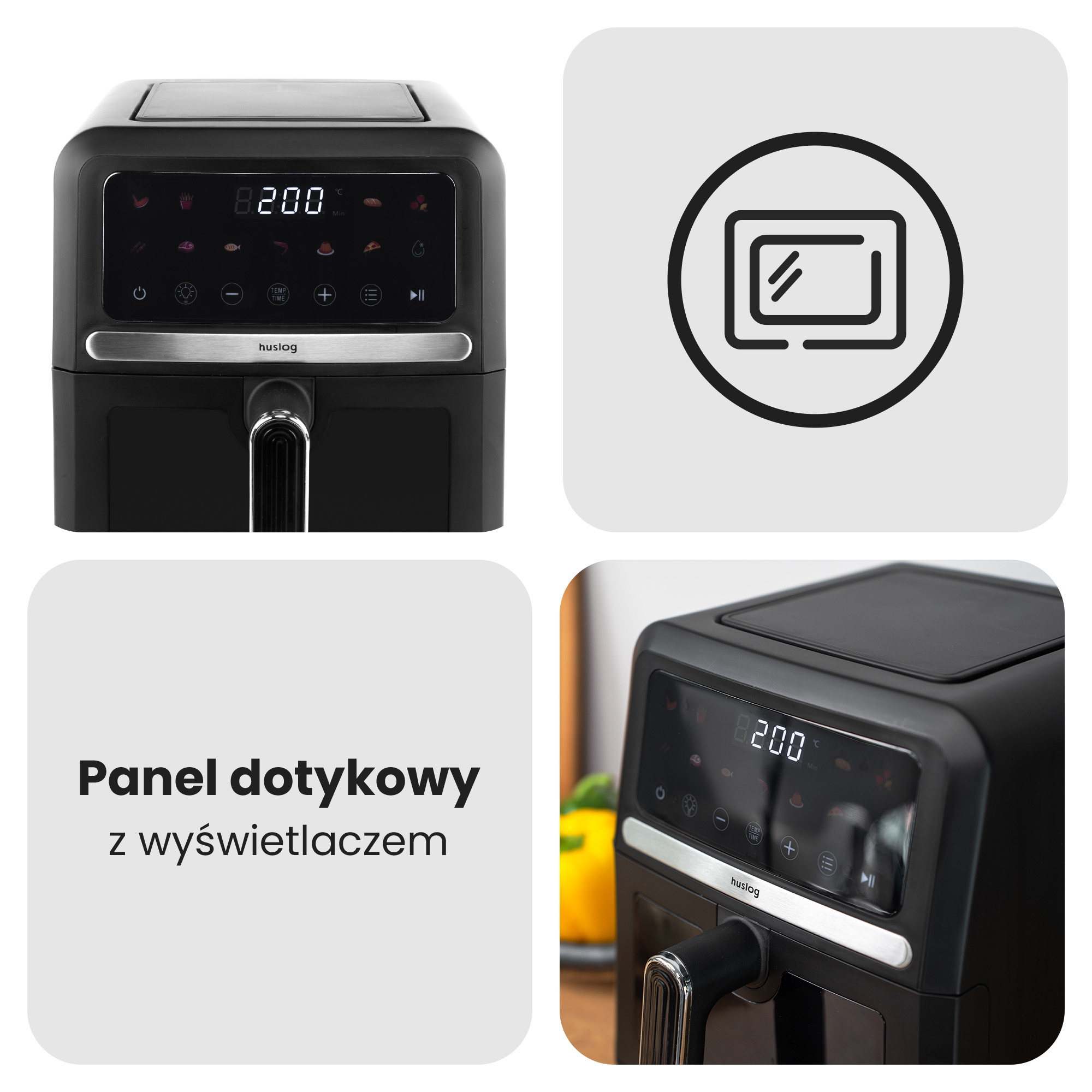 Czarna frytkownica beztłuszczowa z panelem dotykowym i wyświetlaczem cyfrowym 200.