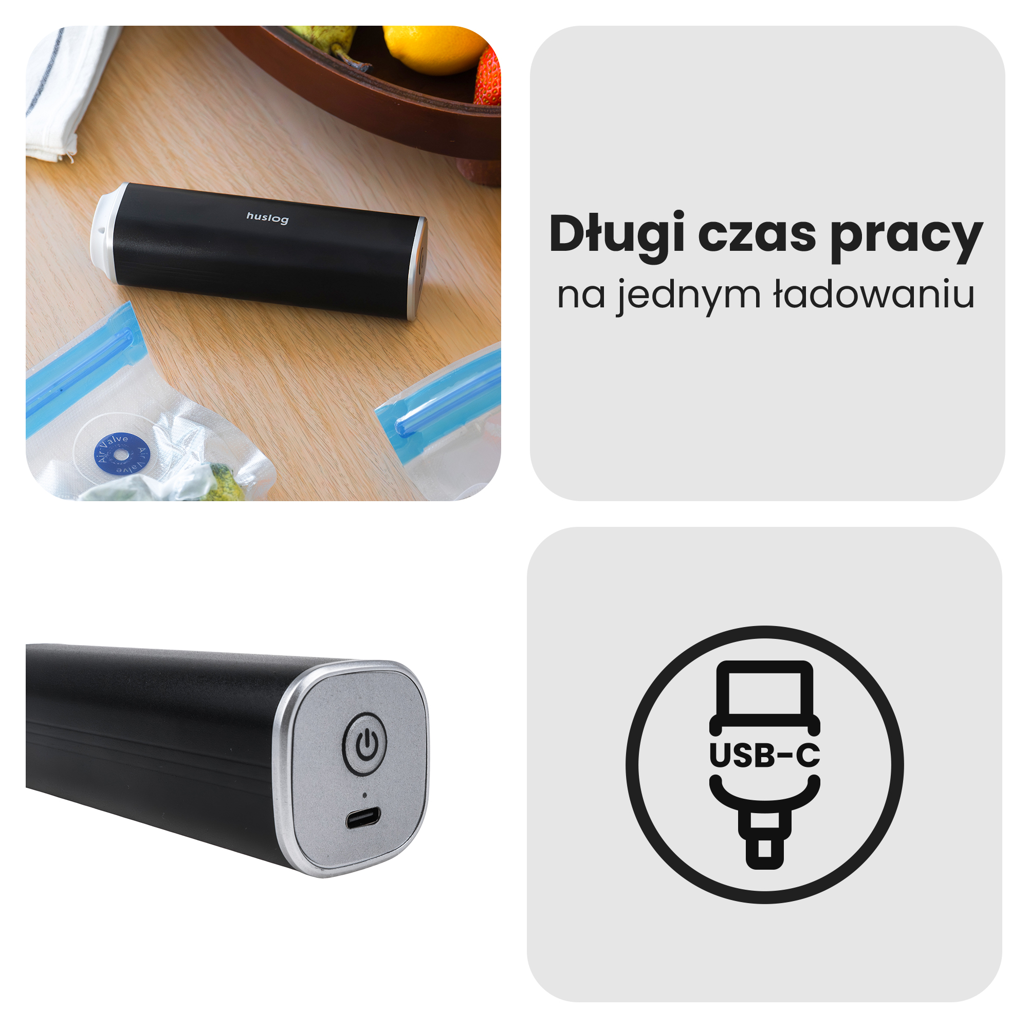 Czarny zgrzewacz próżniowy z USB-C i woreczkami.
