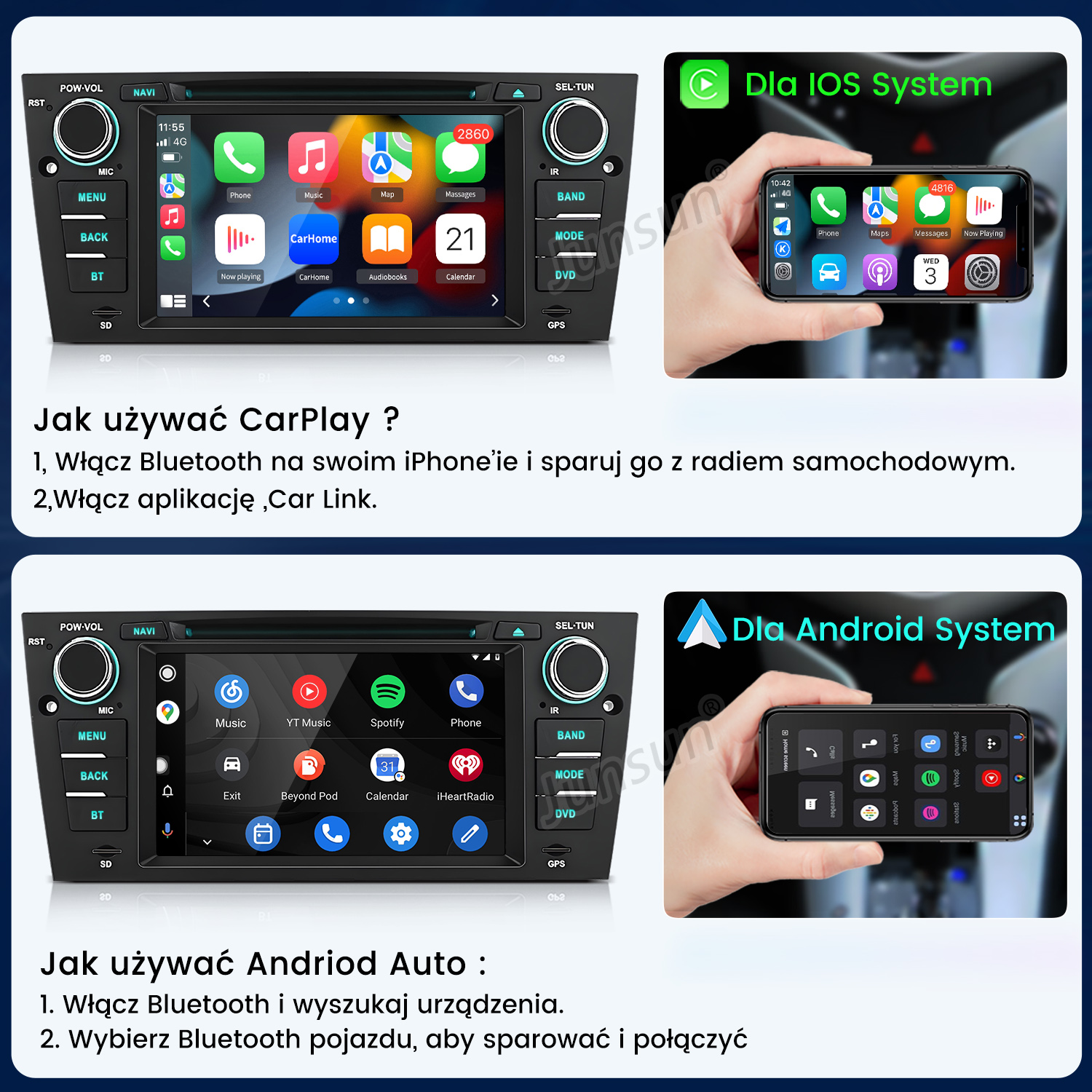 Radio samochodowe z CarPlay i aplikacjami iPhone, obok iPhone'a z CarPlay.