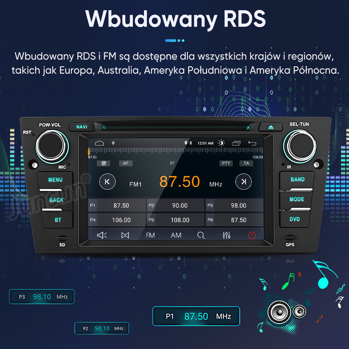Wyświetlacz radia samochodowego pokazuje FM1 na 87.50 MHz z zaprogramowanymi stacjami.