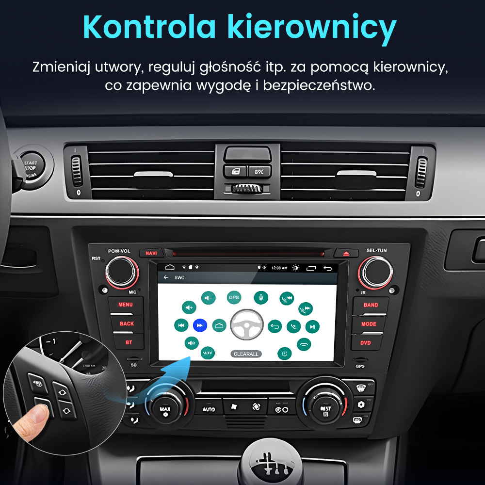 Ręka naciska przyciski na kierownicy samochodu, wskazując na centralny ekran dotykowy.