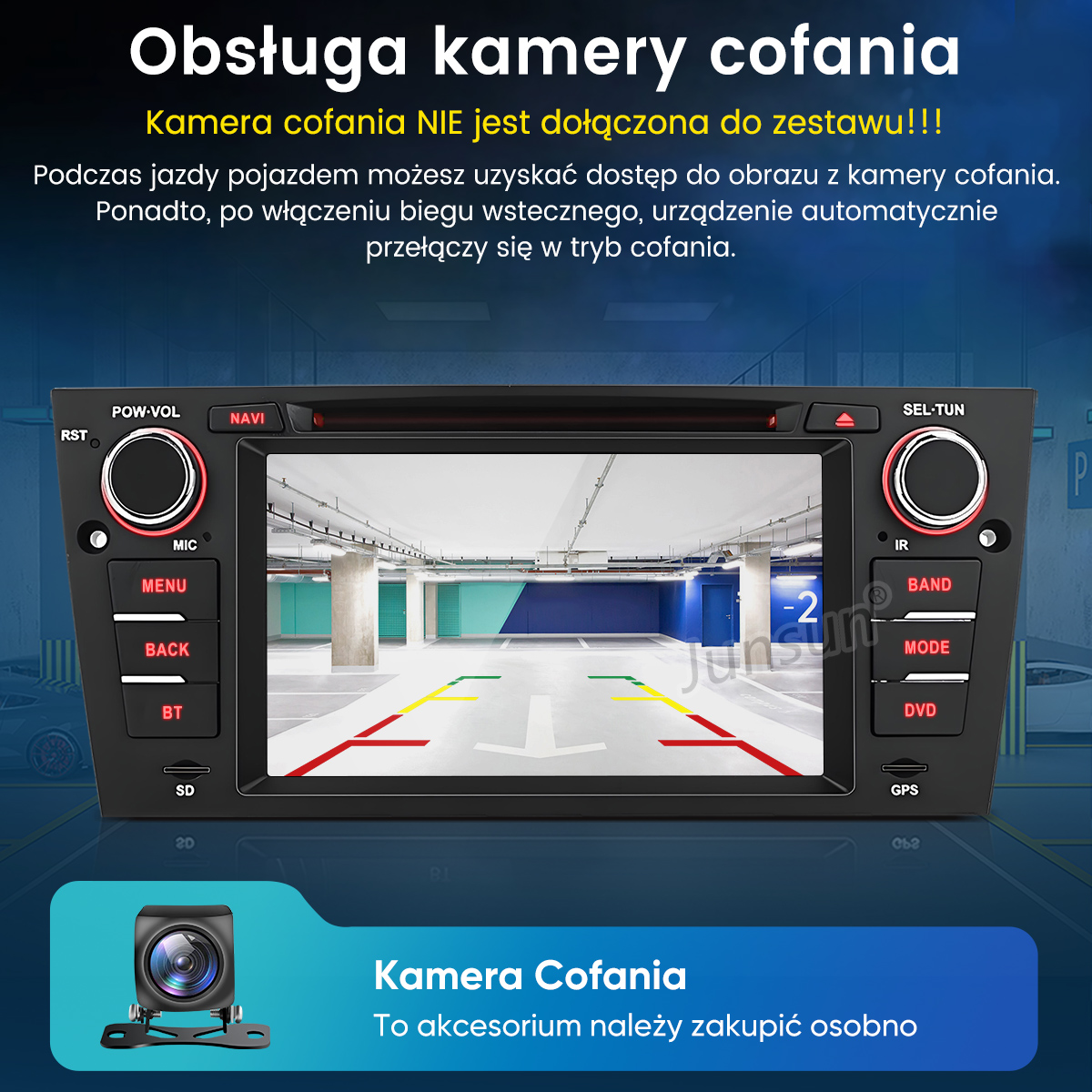 Radio samochodowe wyświetla widok z kamery cofania w garażu podziemnym.