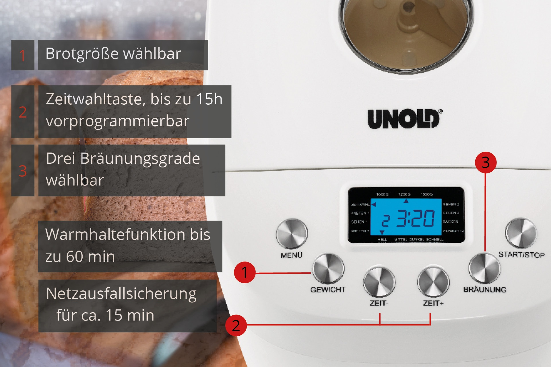 Brotbackautomat mit digitaler Anzeige und Bedienelementen.