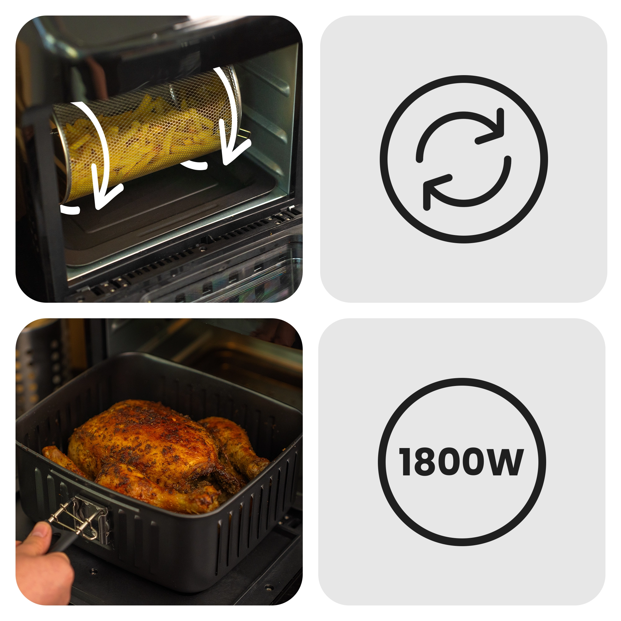 Frytkownica beztłuszczowa z kurczakiem i ikoną mocy 1800W.