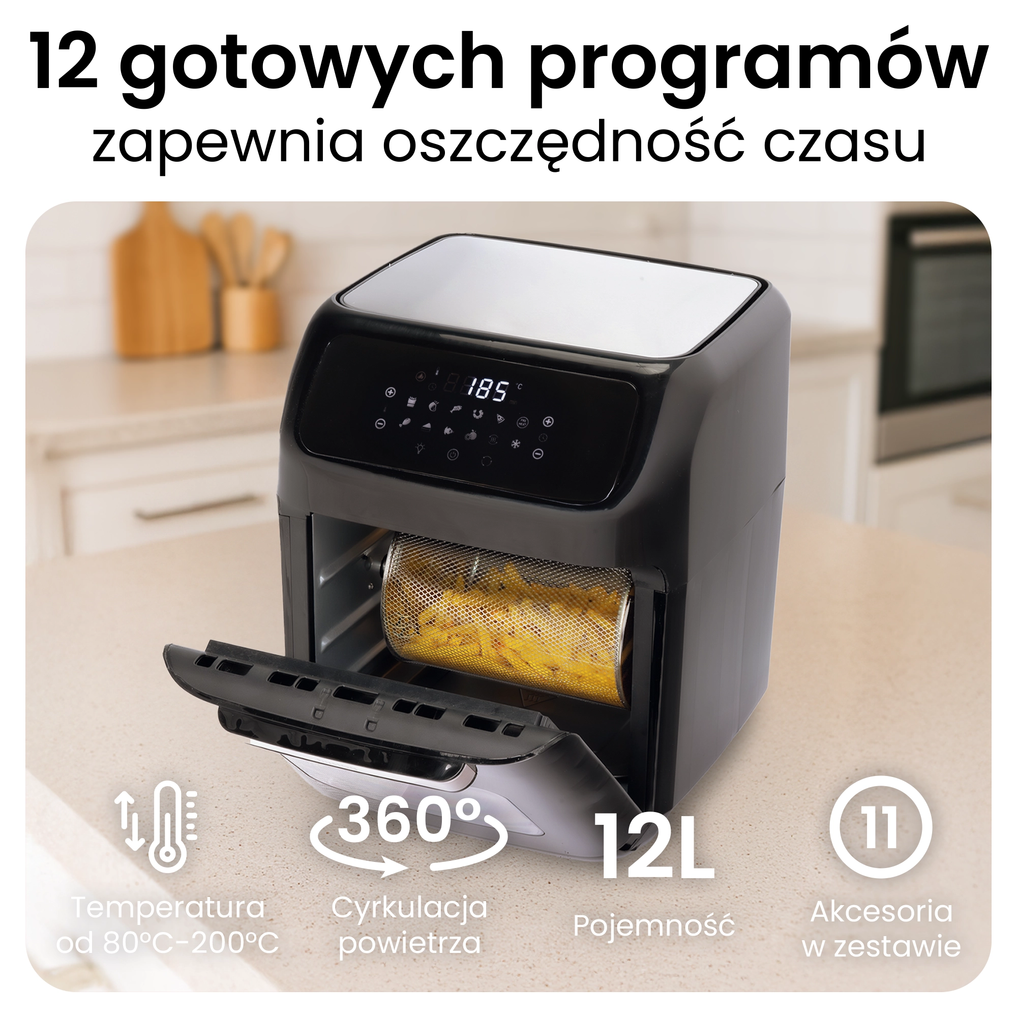 Czarna frytkownica beztłuszczowa 12L, 185°C, cyrkulacja powietrza 360°.
