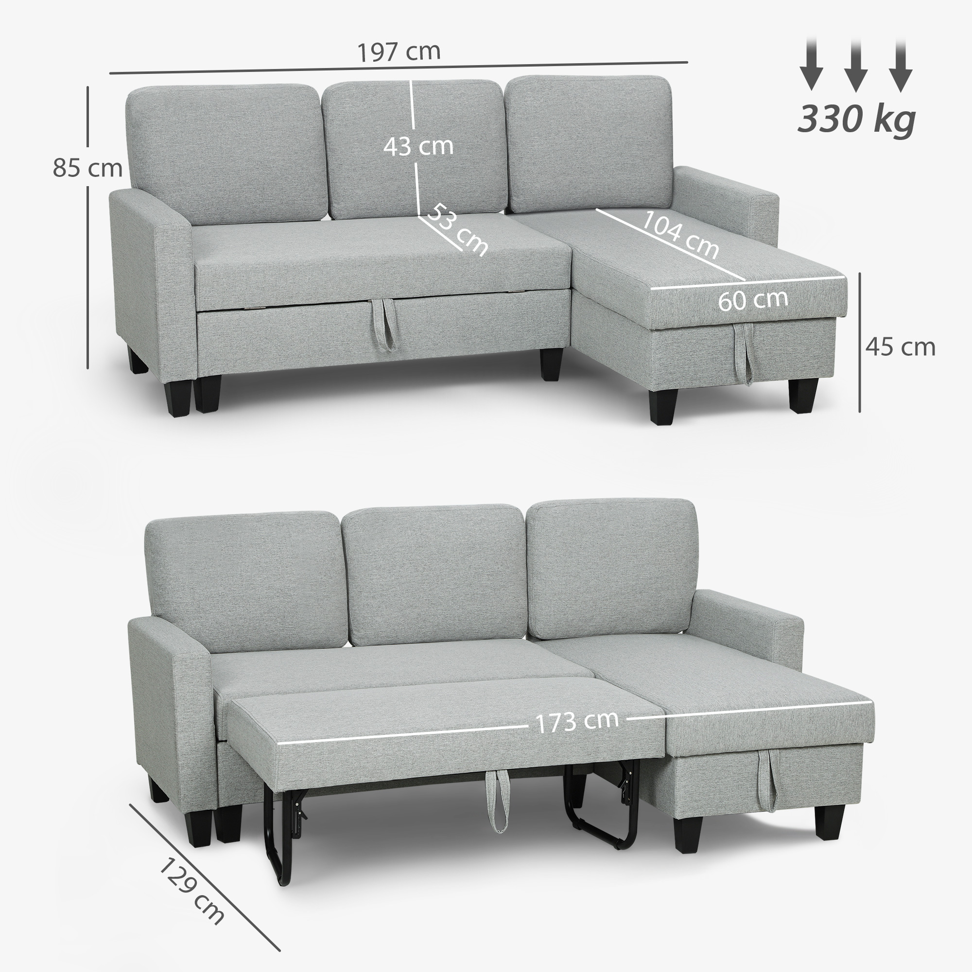 Sofá seccional gris con dimensiones y capacidad de 330 kg.