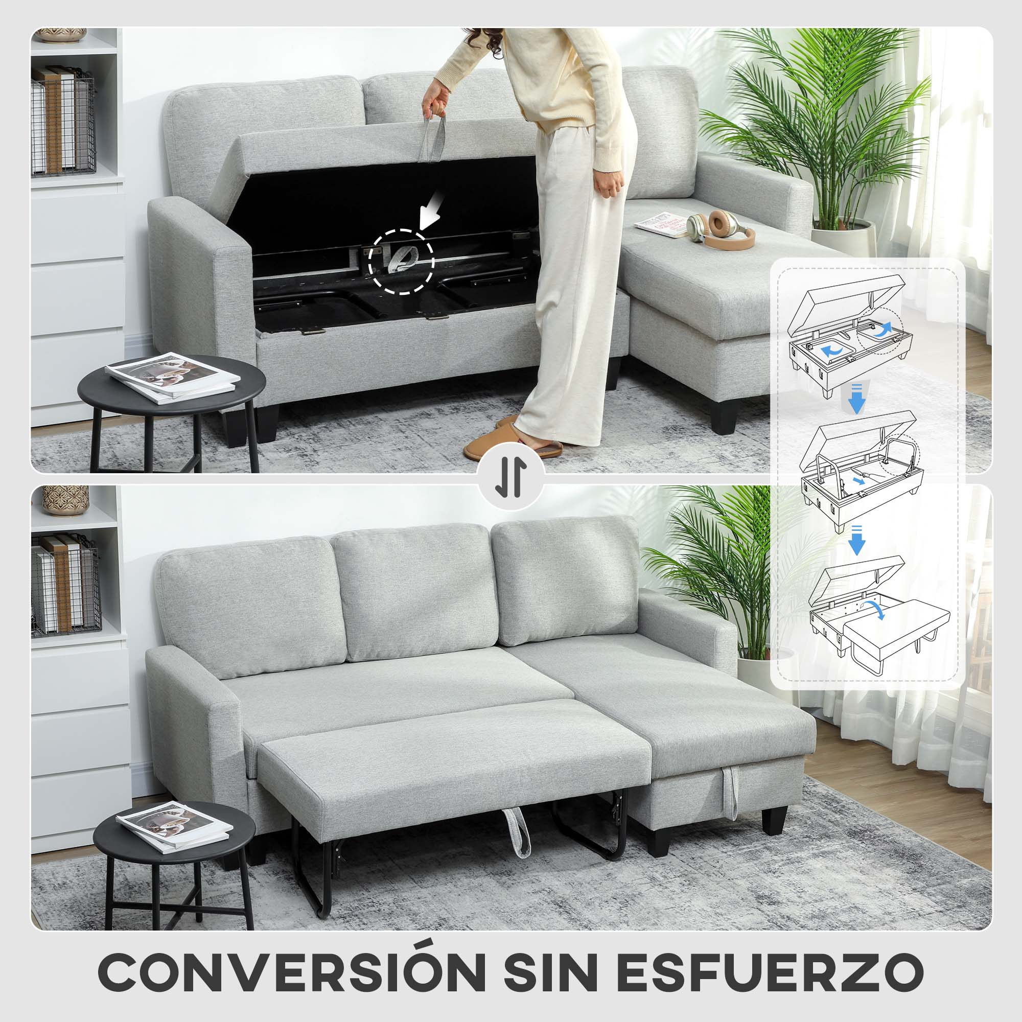 Sofá gris con cama plegable. Una persona levanta el cojín del asiento.