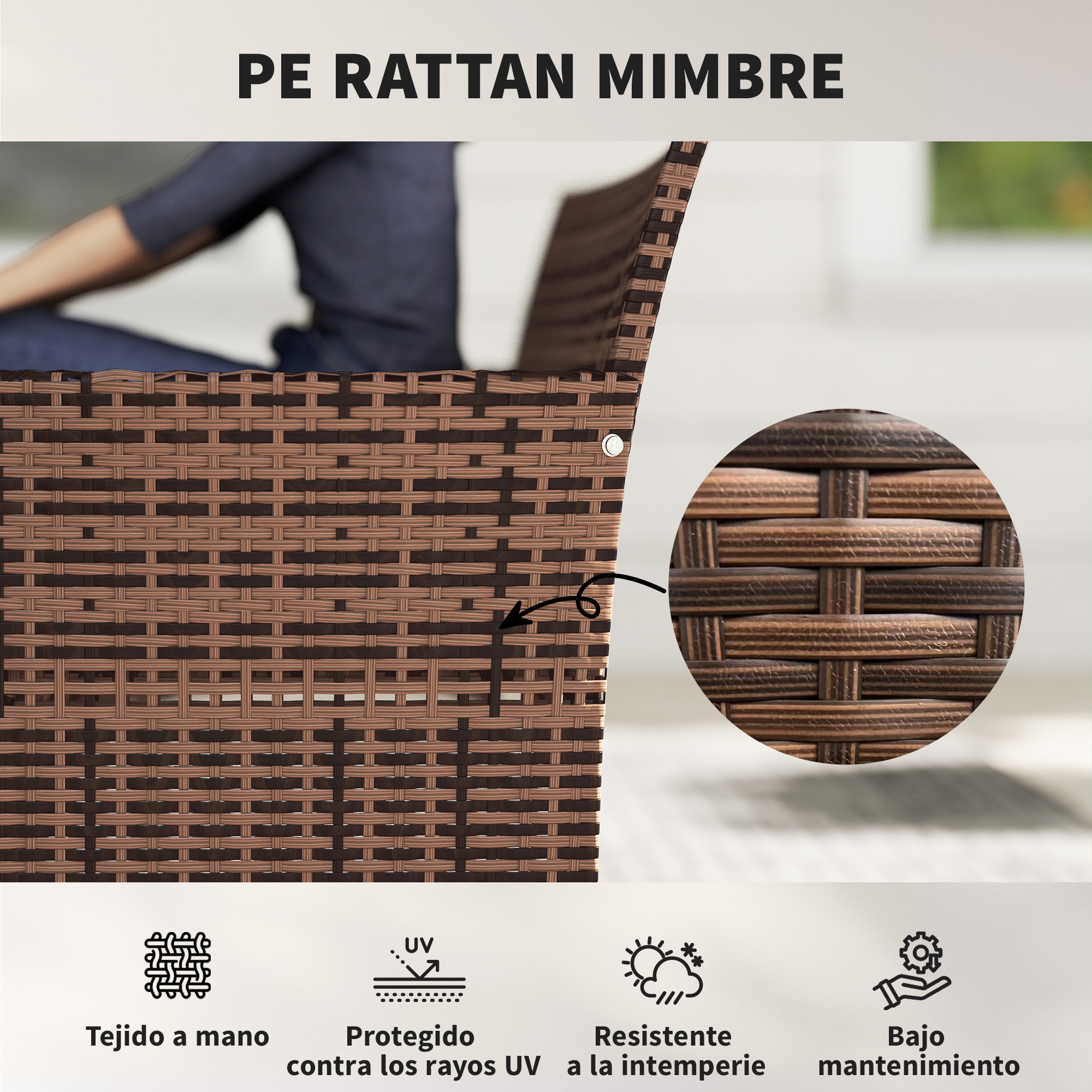 Silla de ratán marrón primer plano de textura tejida con iconos de protección UV.