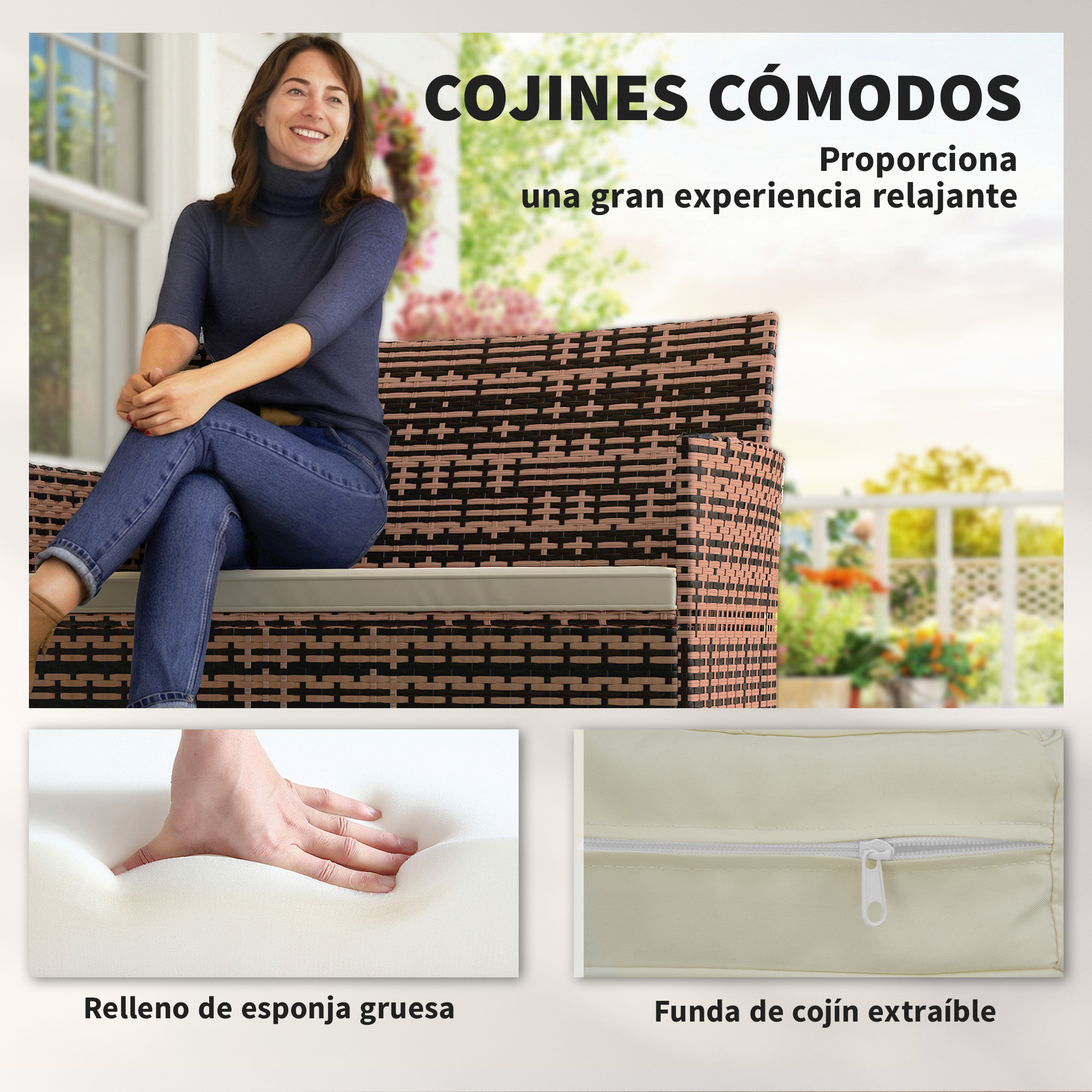 Mujer sentada en sofá de mimbre; primeros planos de espuma y funda.