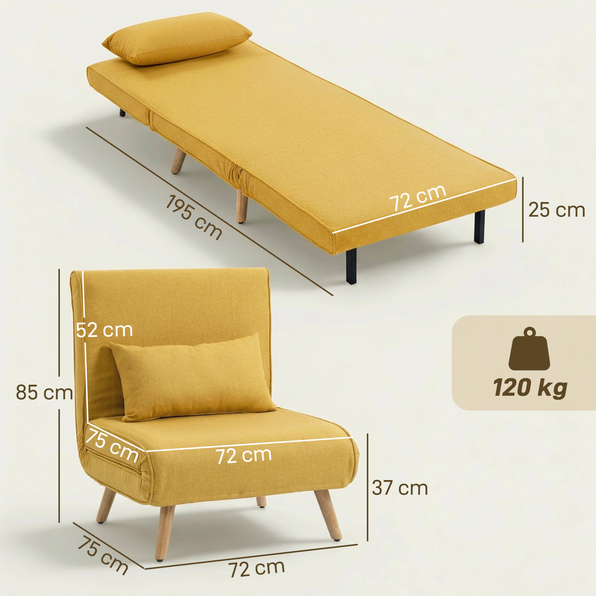 Un sillón amarillo y una cama desplegada con dimensiones. Máx 120 kg.