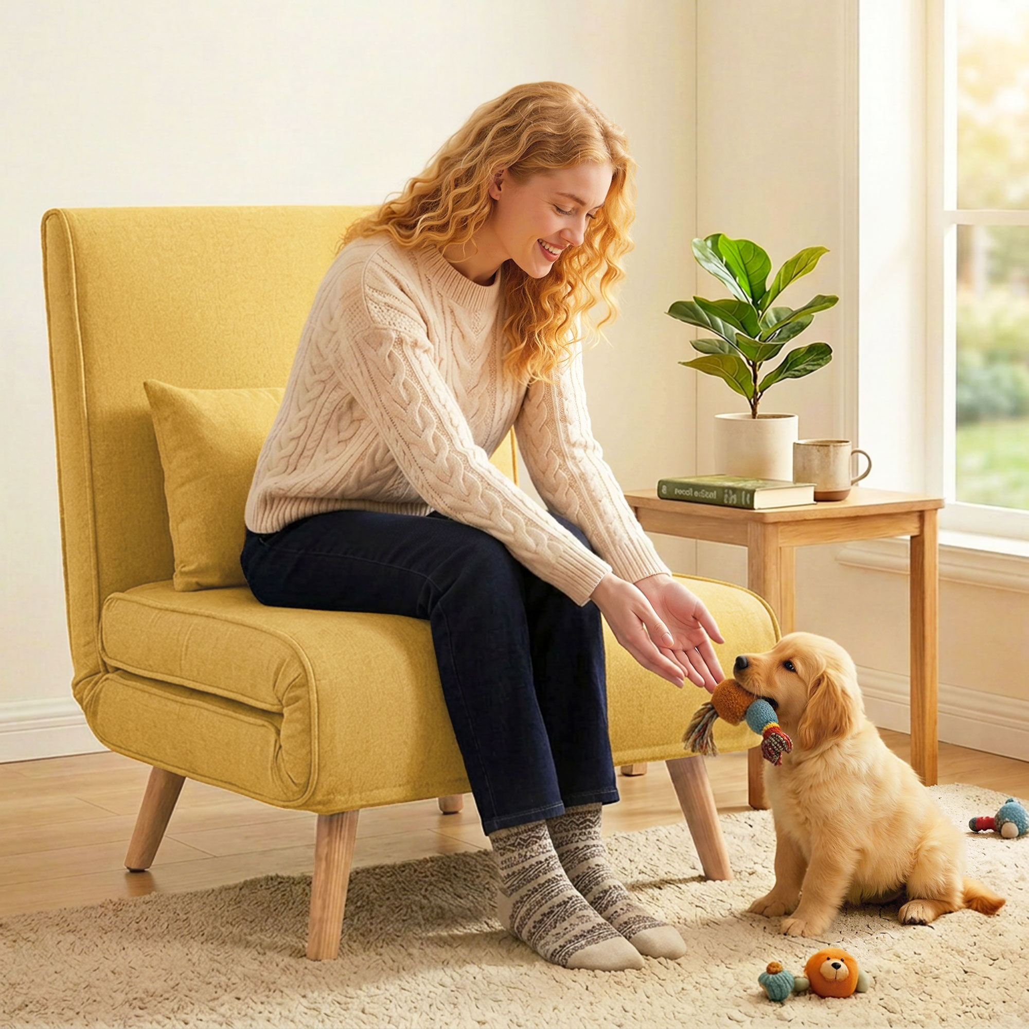 Una mujer juega con un cachorro Golden Retriever en un sillón amarillo.