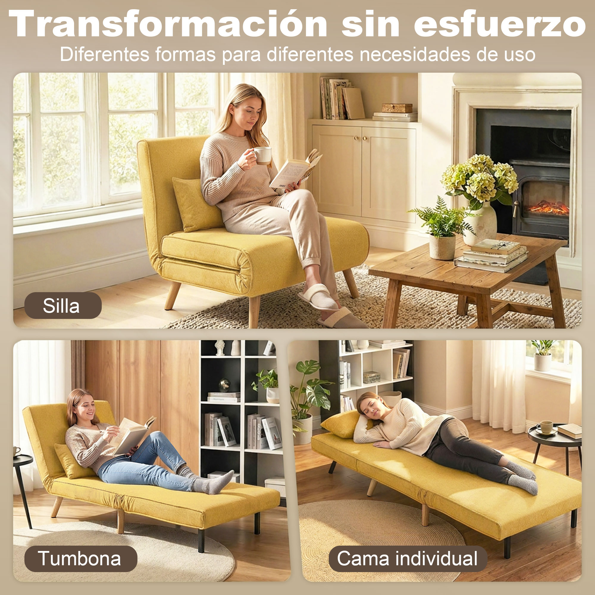 Un sofá cama amarillo mostrado como sillón, tumbona y cama individual.