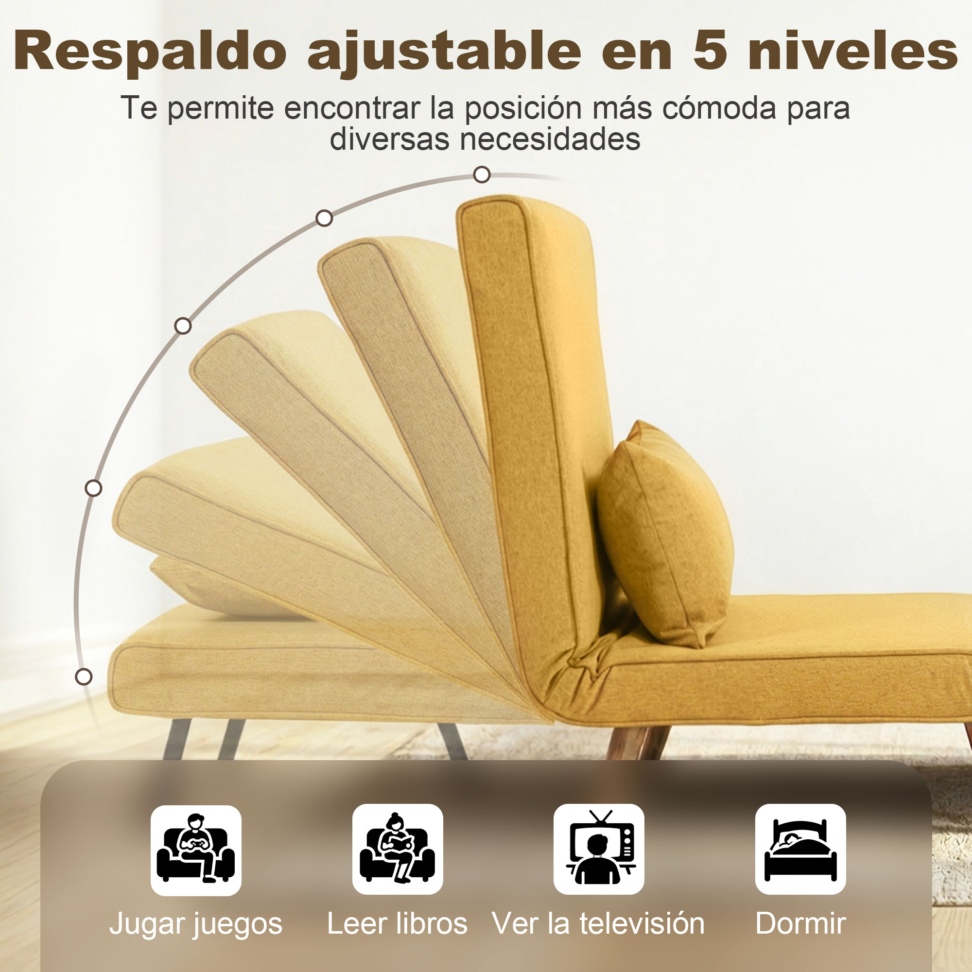 Sofá amarillo con respaldo ajustable en 5 niveles, ideal para jugar, leer, ver TV o dormir.
