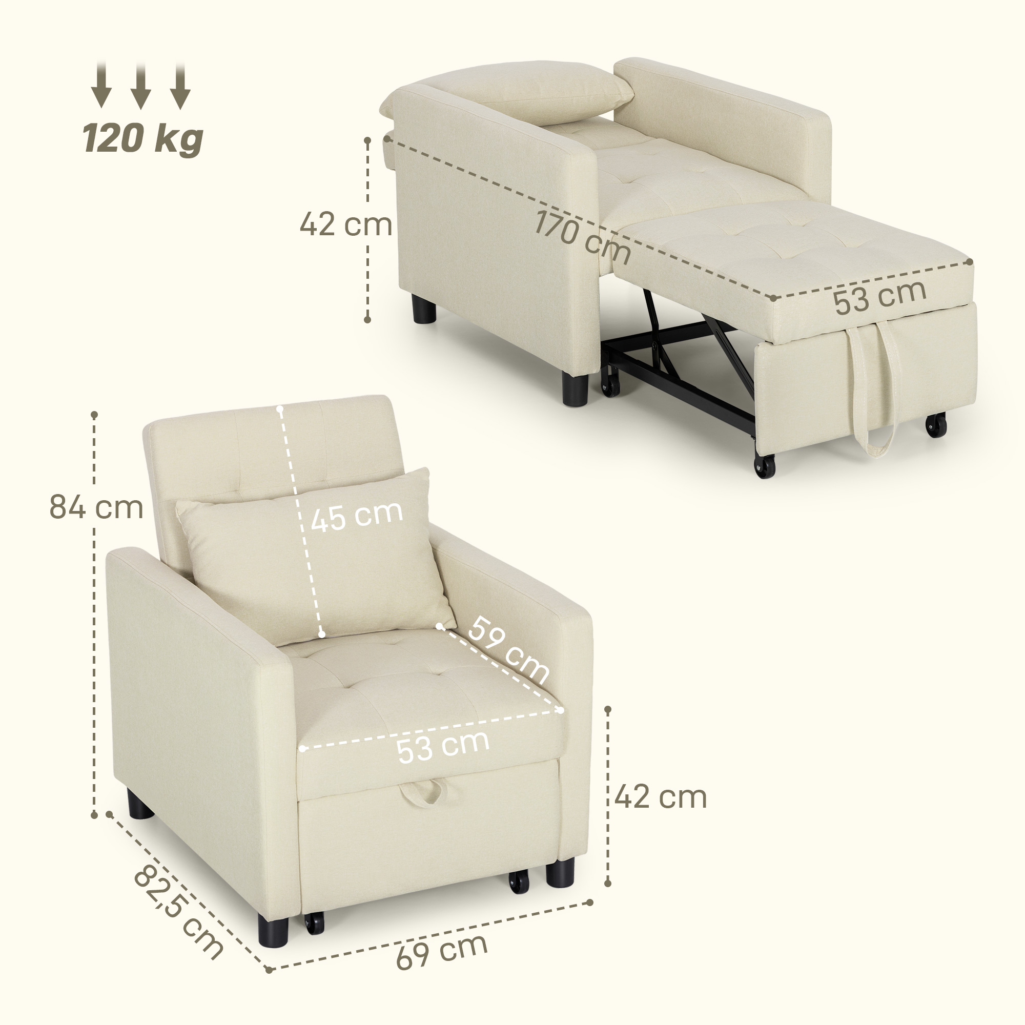Un sillón beige mostrado en forma de silla y cama con dimensiones.