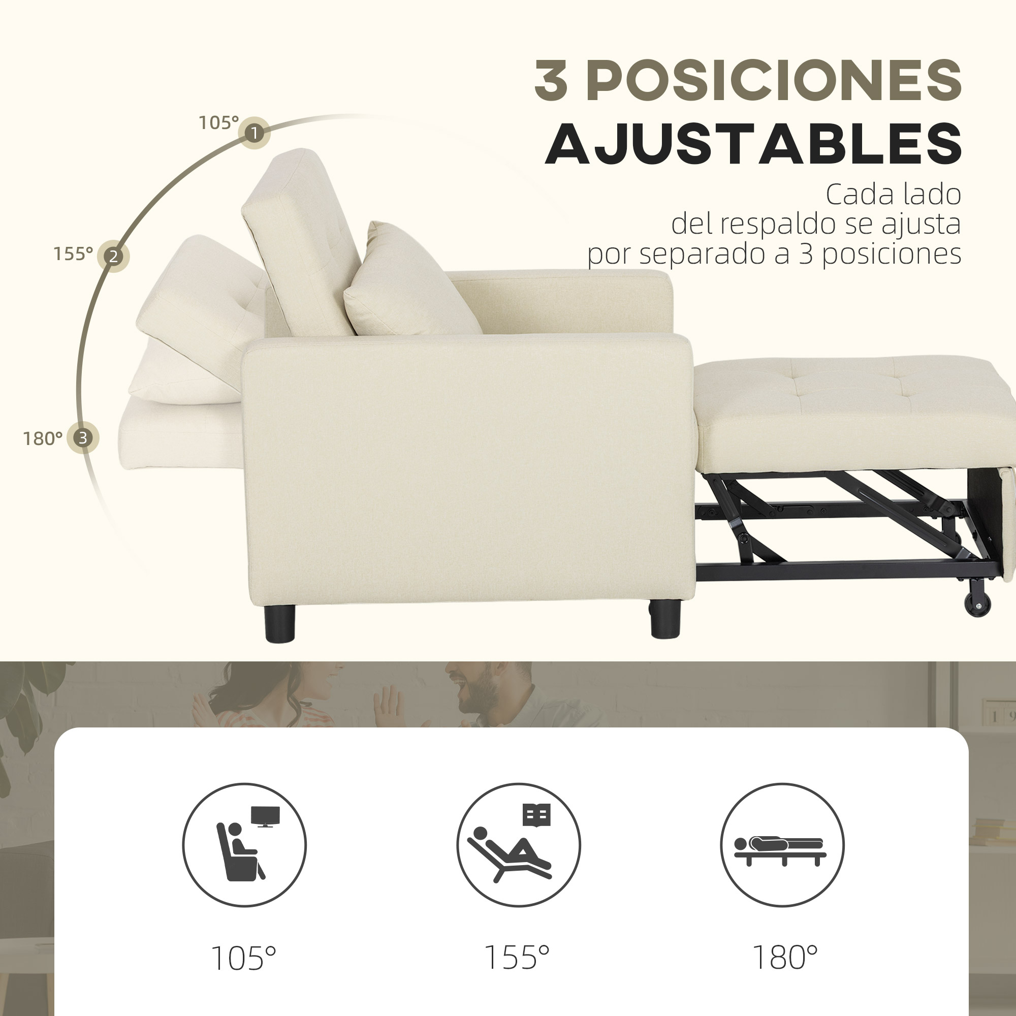 Un sofá cama beige con respaldo ajustable en 3 posiciones (105°, 155°, 180°).