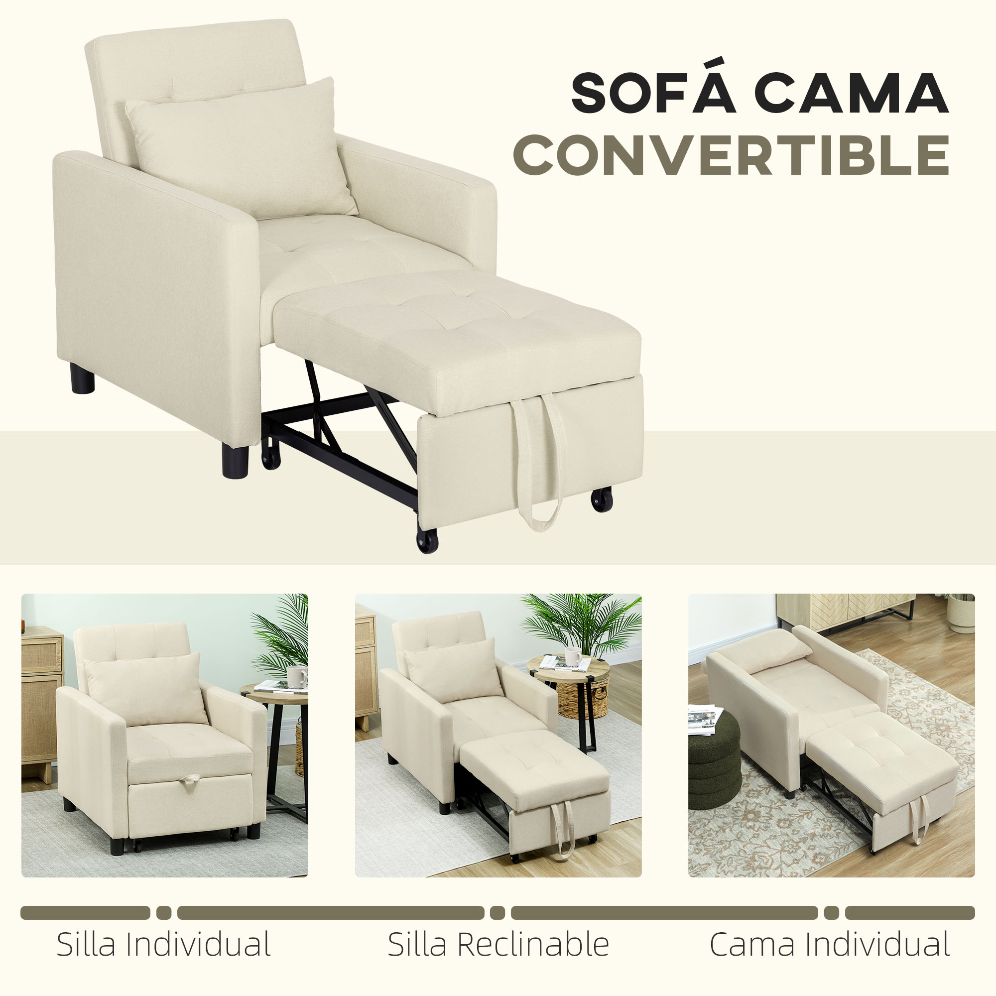 Un sillón beige se convierte en cama.