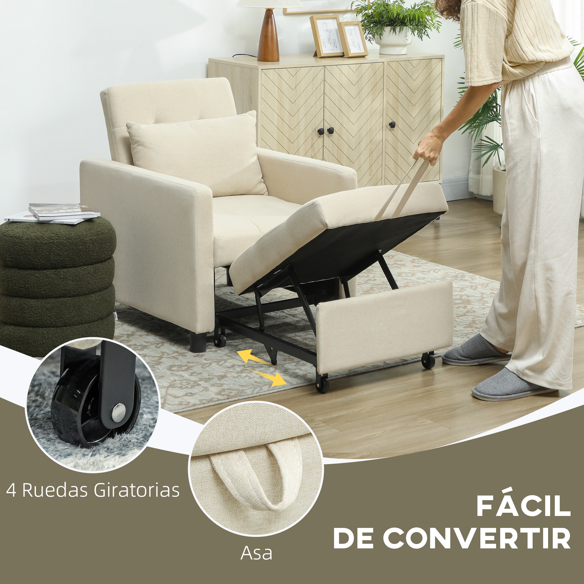 Un sillón beige se está convirtiendo, con reposapiés extraíble y ruedas.