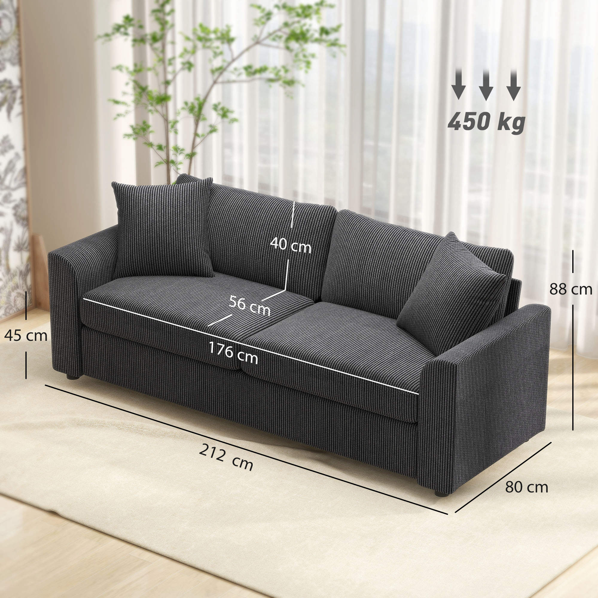 Sofá gris oscuro a rayas con cojines, dimensiones 212x80x88cm, capacidad 450kg.