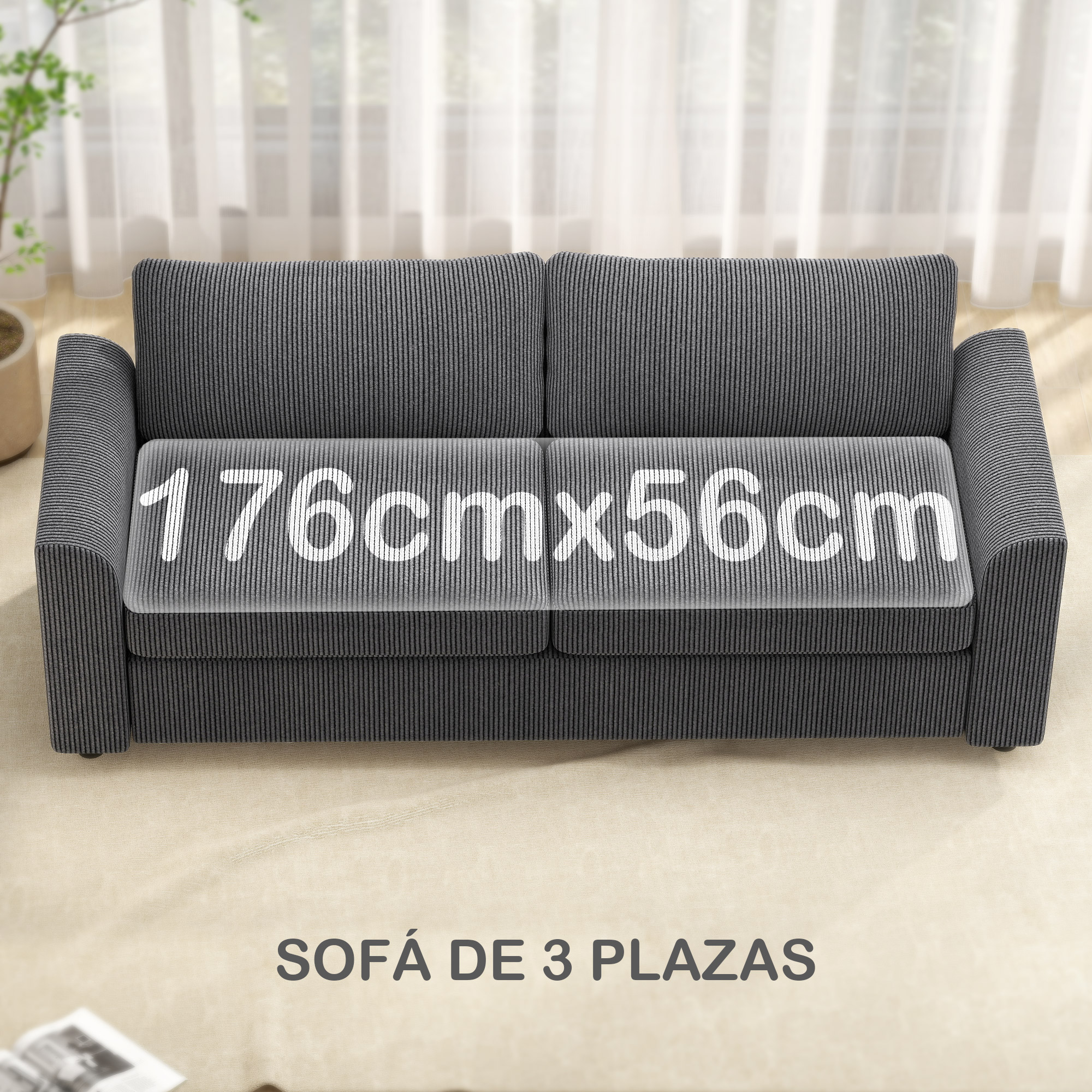 Sofá gris oscuro de 3 plazas con rayas verticales, mide 176x56cm.