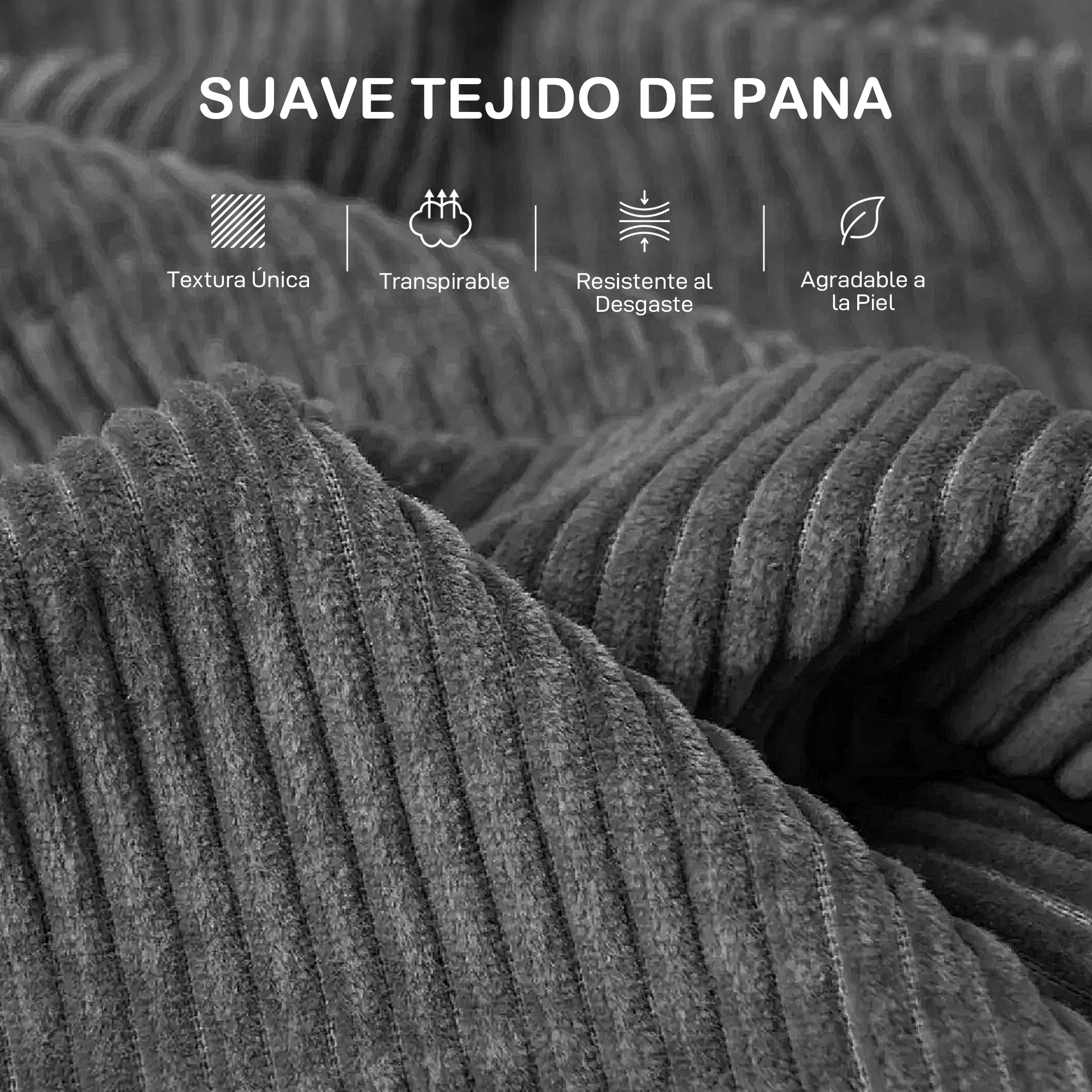 Tejido de pana gris con costillas verticales e iconos de textura, transpirabilidad, durabilidad y tacto.