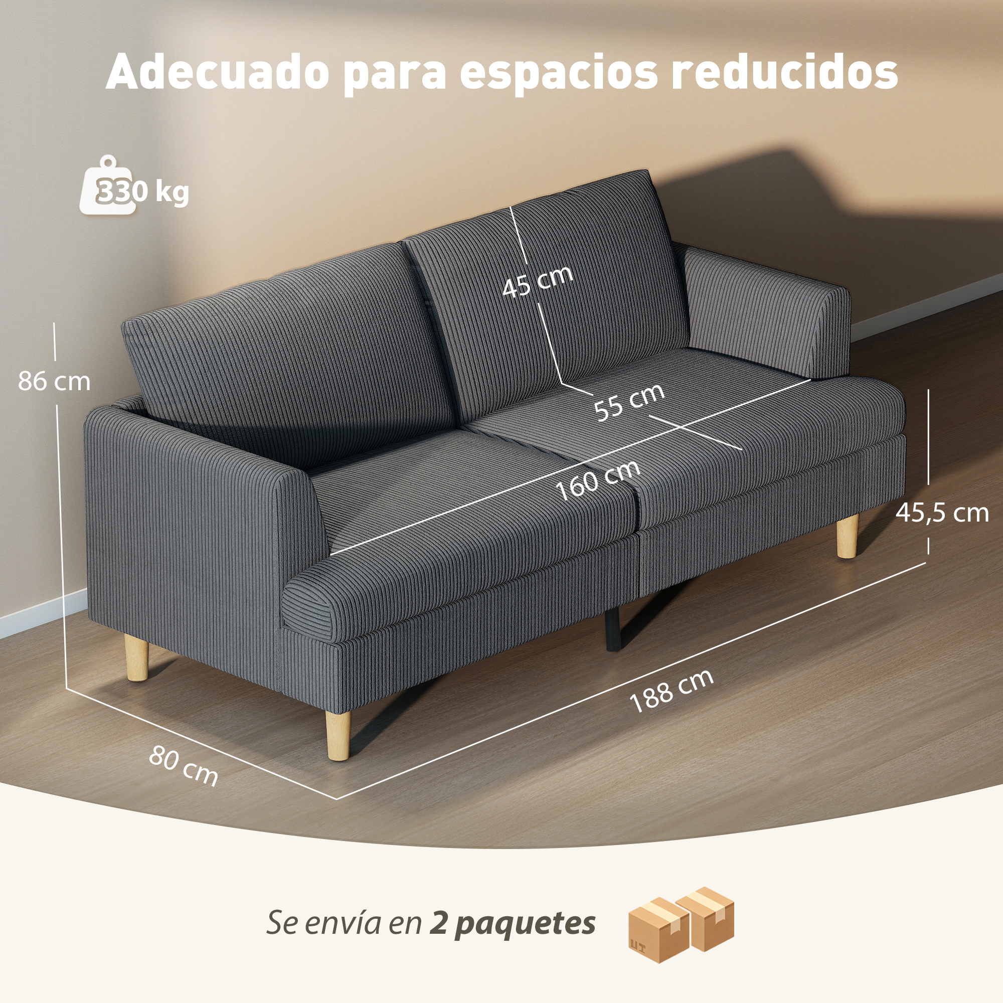 Sofá gris con dimensiones y capacidad de 330 kg, apto para espacios reducidos.