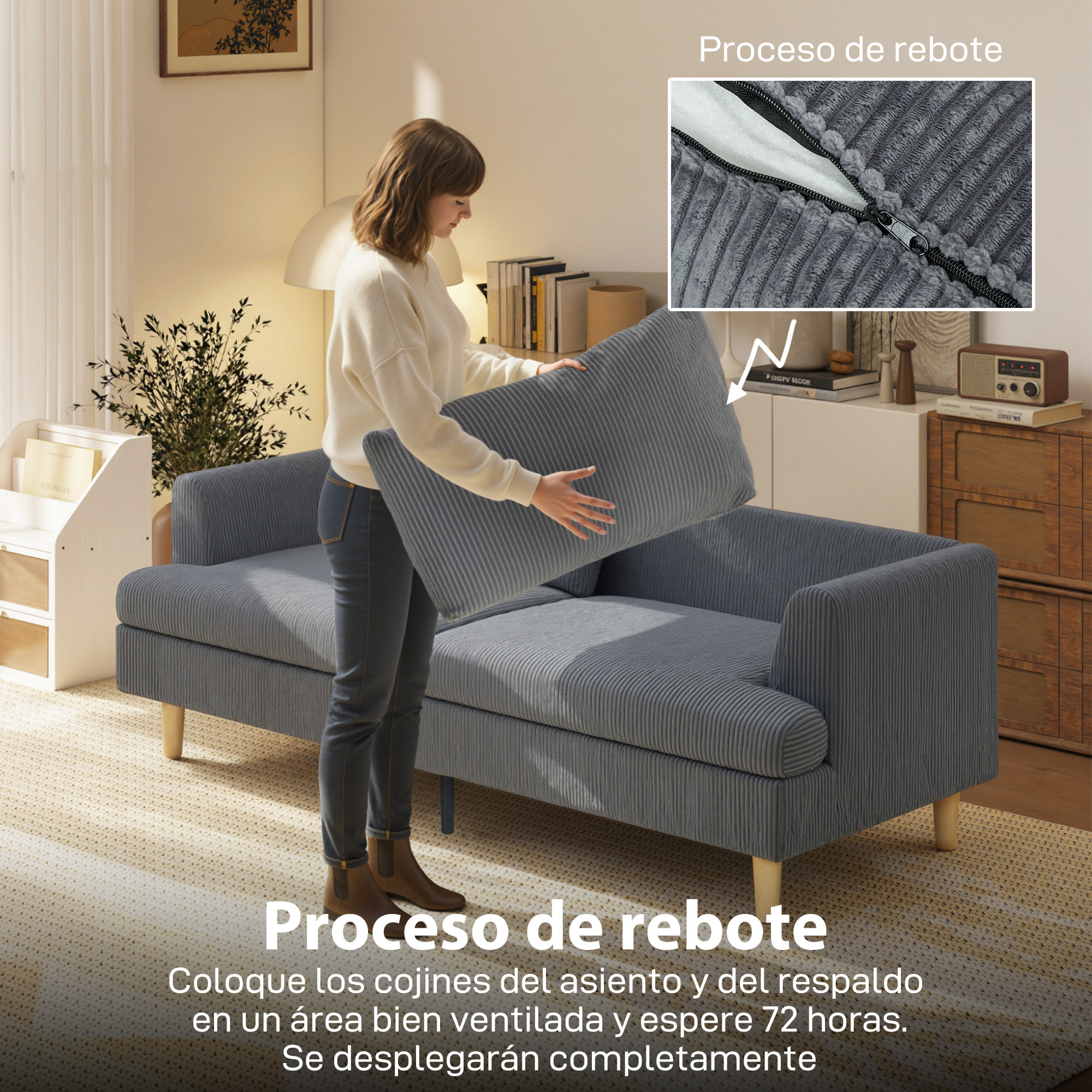 Mujer coloca cojín gris en sofá. Primer plano de cremallera en cojín.