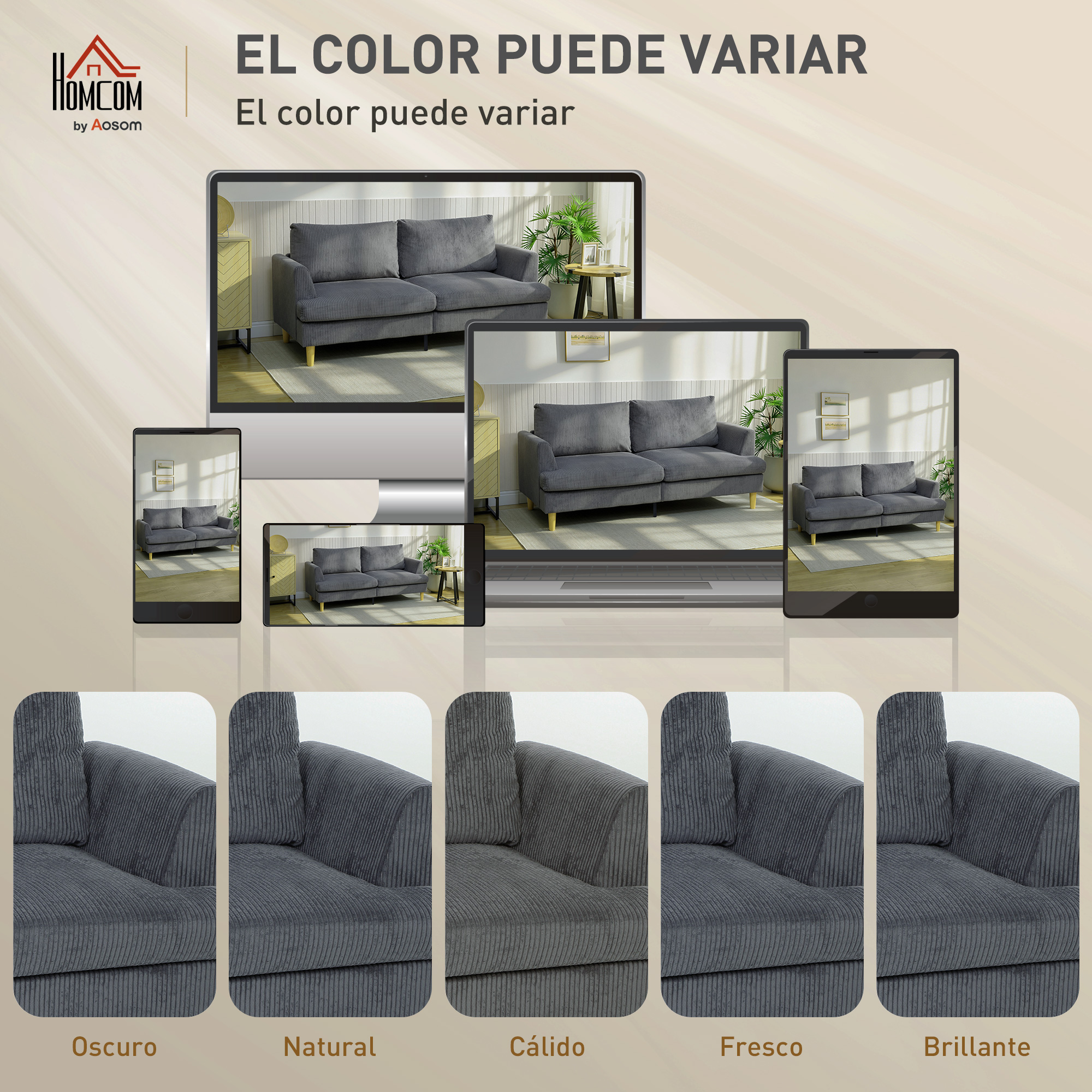 Sofá gris de pana mostrado en varios tonos en diferentes dispositivos.