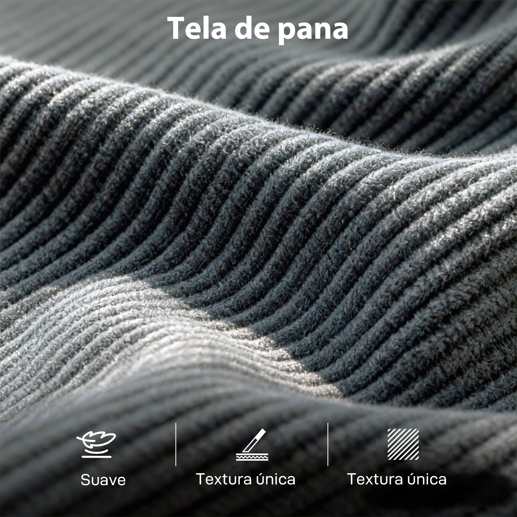 Tejido de pana gris con costillas marcadas y textura suave.