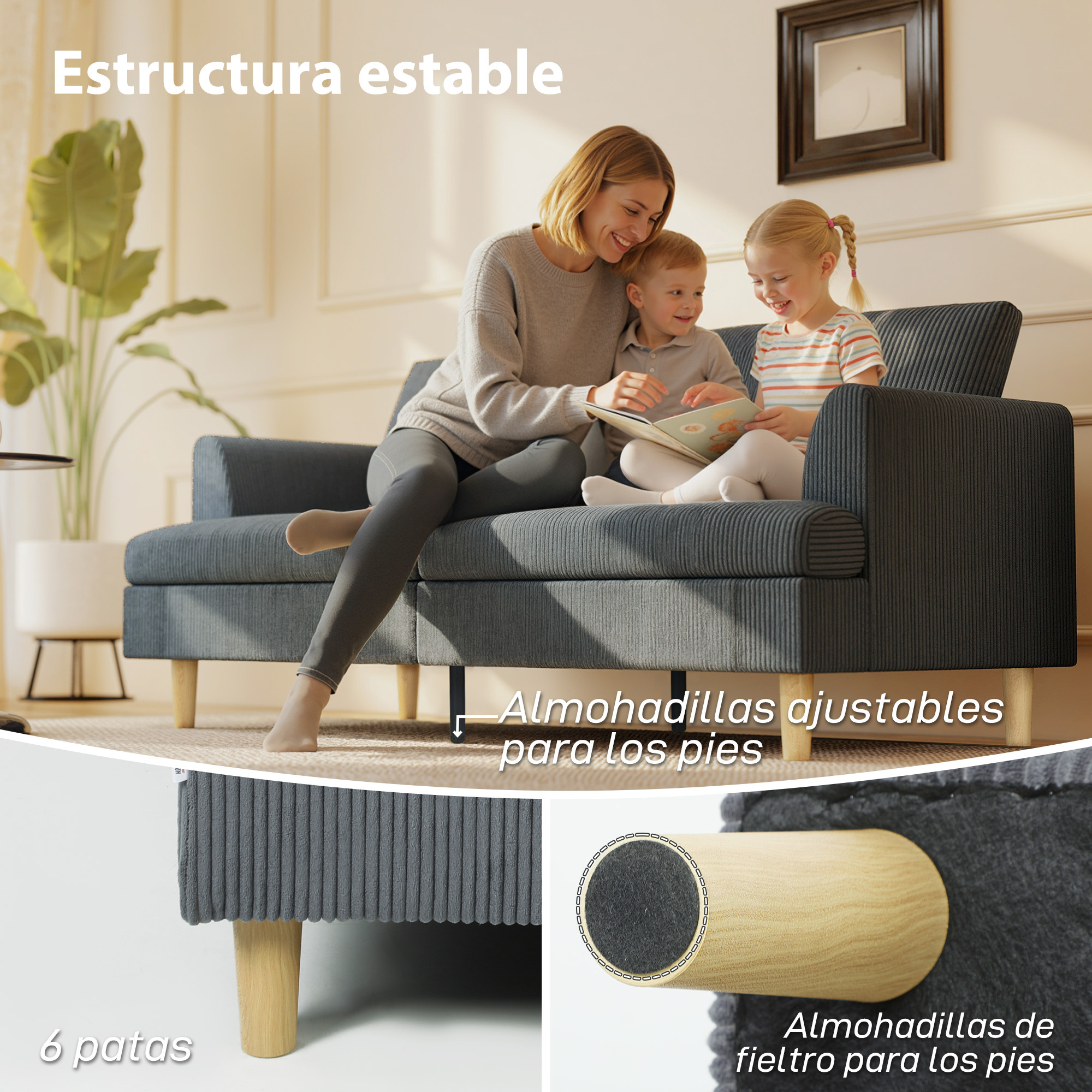 Familia en sofá gris, primer plano de pies y patas de muebles.