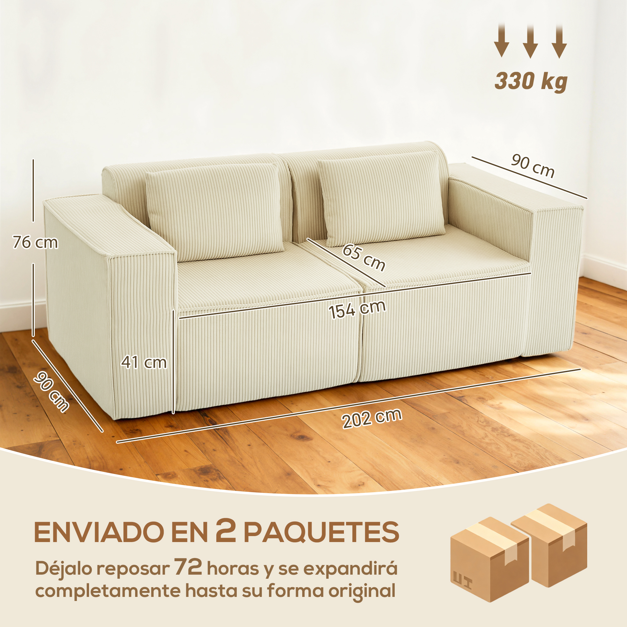 Sofá de pana color crema, dimensiones 202x90x76cm. Capacidad 330kg.