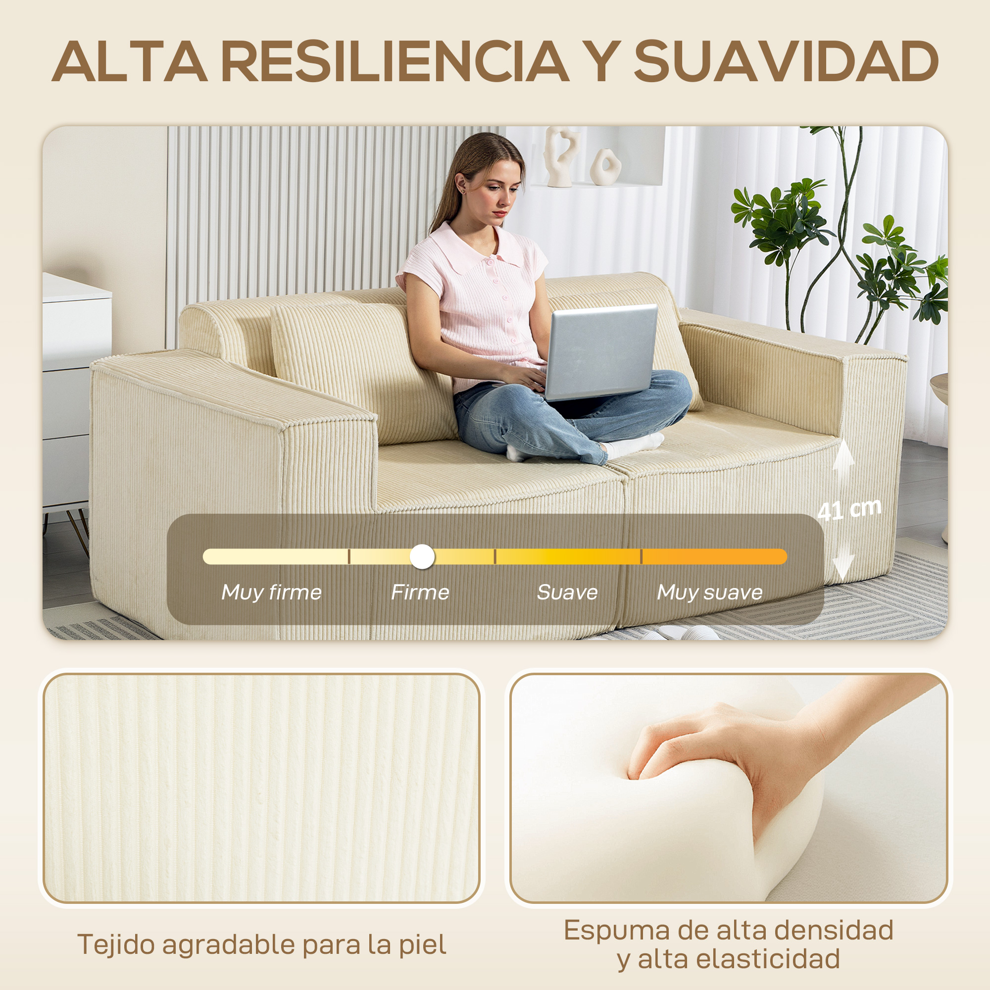 Una mujer sentada en un sofá beige con portátil. Se muestran primeros planos de tela y espuma.
