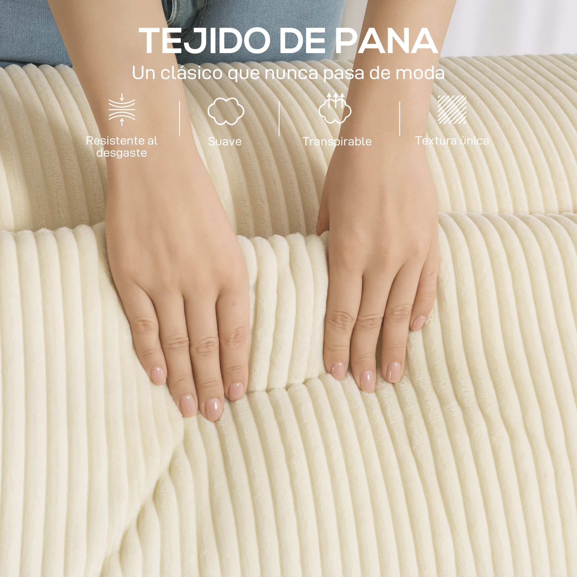 Manos sobre tela de pana. Texto: Tejido de pana.