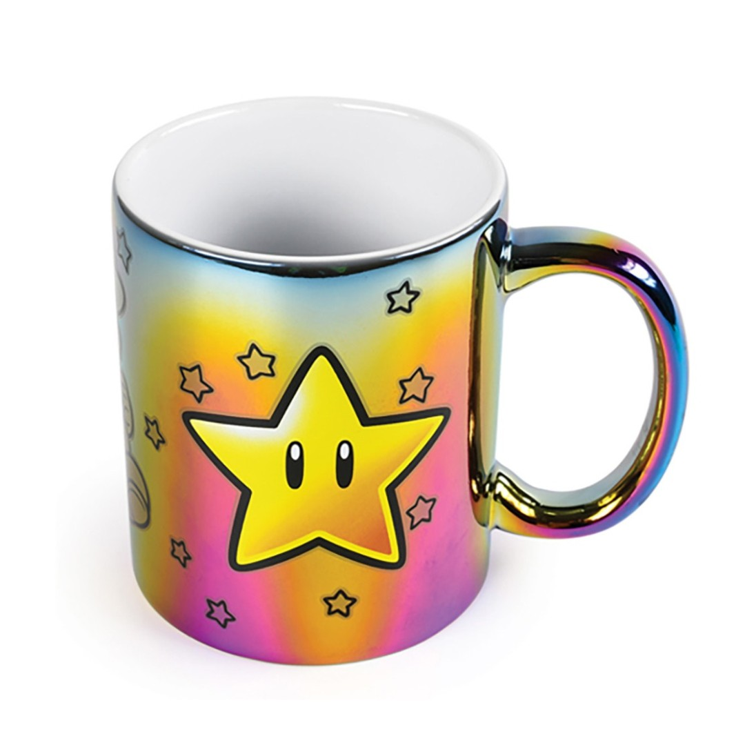 Tęczowy metalowy kubek z motywem gwiazdy Super Mario i uchwytem.