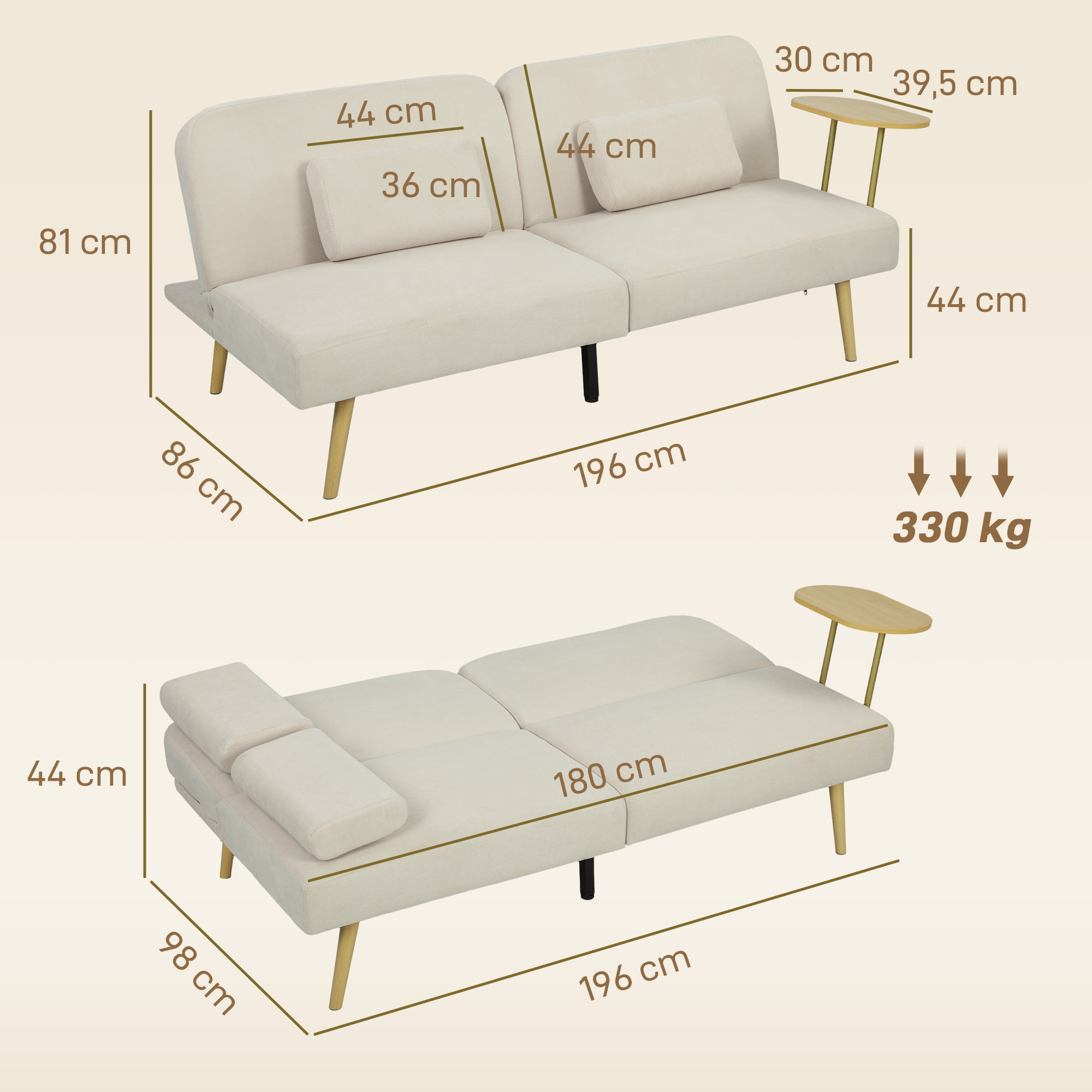 Sofá cama beige con dimensiones mostradas. Vista superior: sofá. Vista inferior: cama.