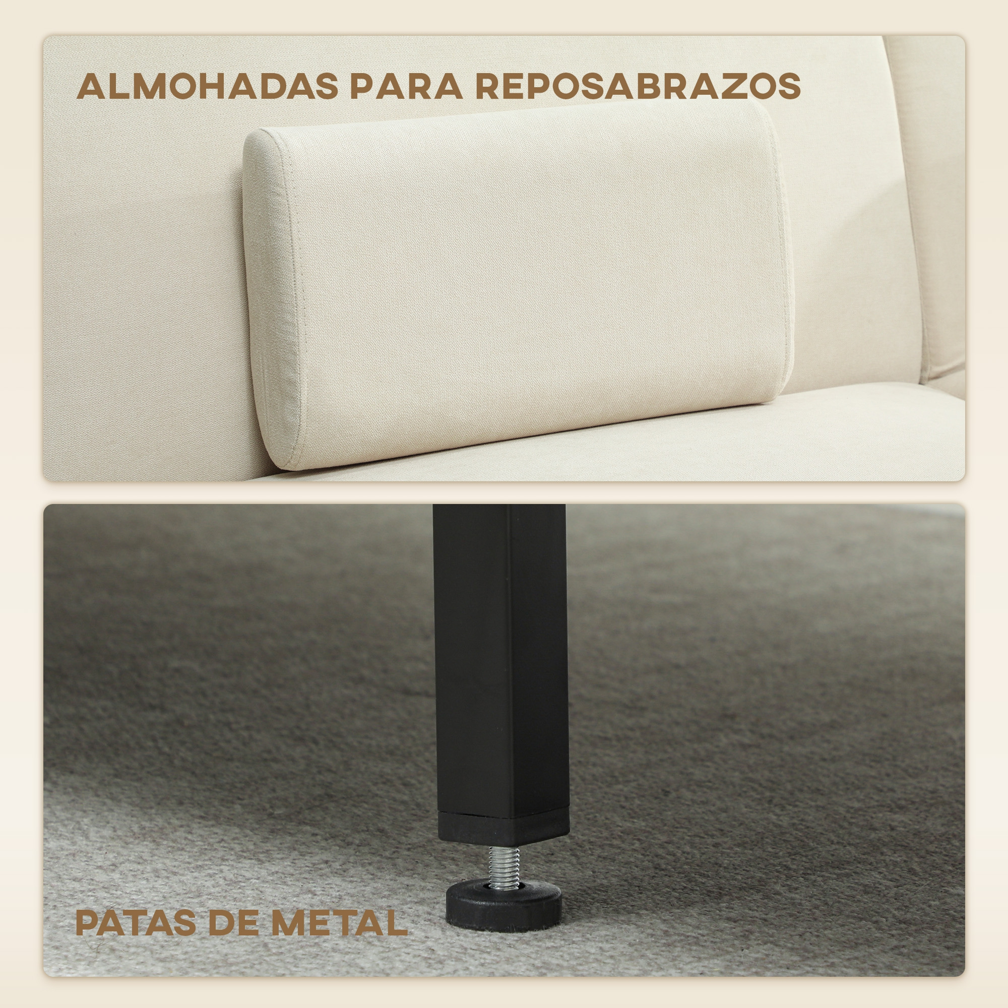 Cojines de color claro en un sofá, pata de metal negra sobre alfombra gris.