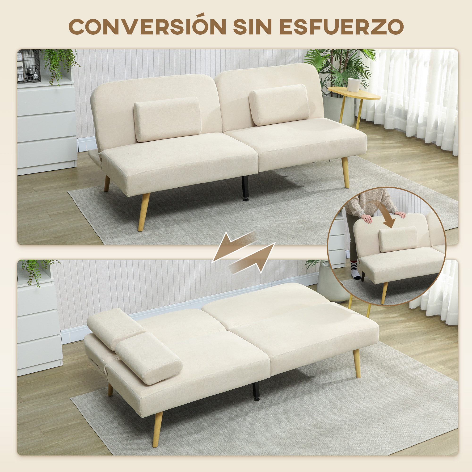 Un sofá cama beige en sus configuraciones de sofá y cama.