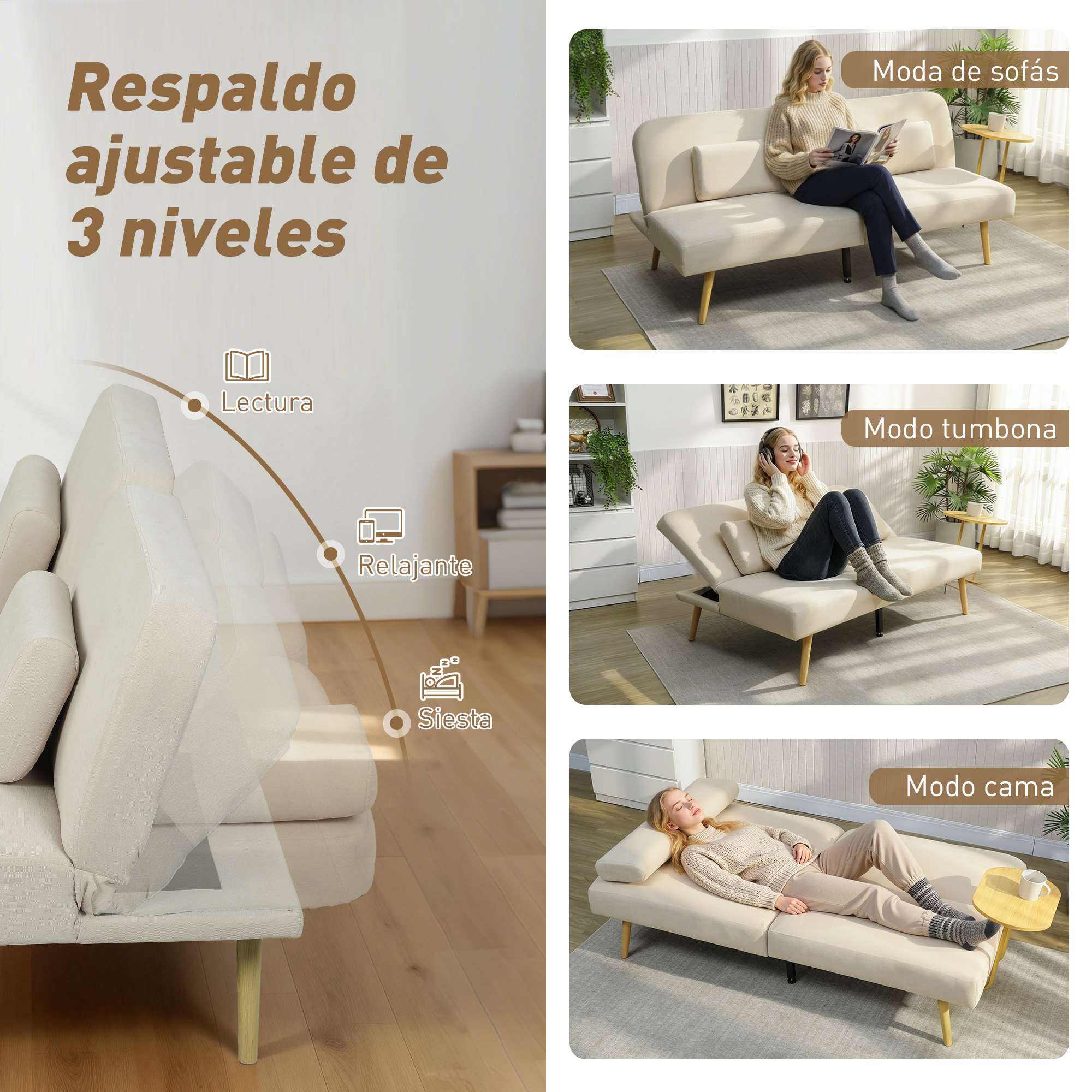 Sofá cama beige en tres modos: sofá, tumbona y cama. Respaldo ajustable.